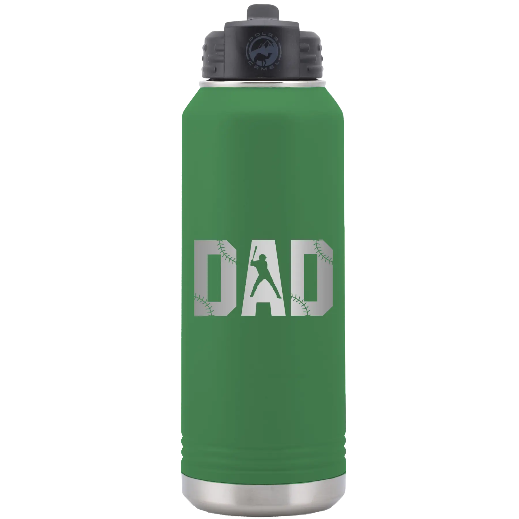 Laser etched green 32 oz vacuum insulated water bottle with 'Baseball Dad' design