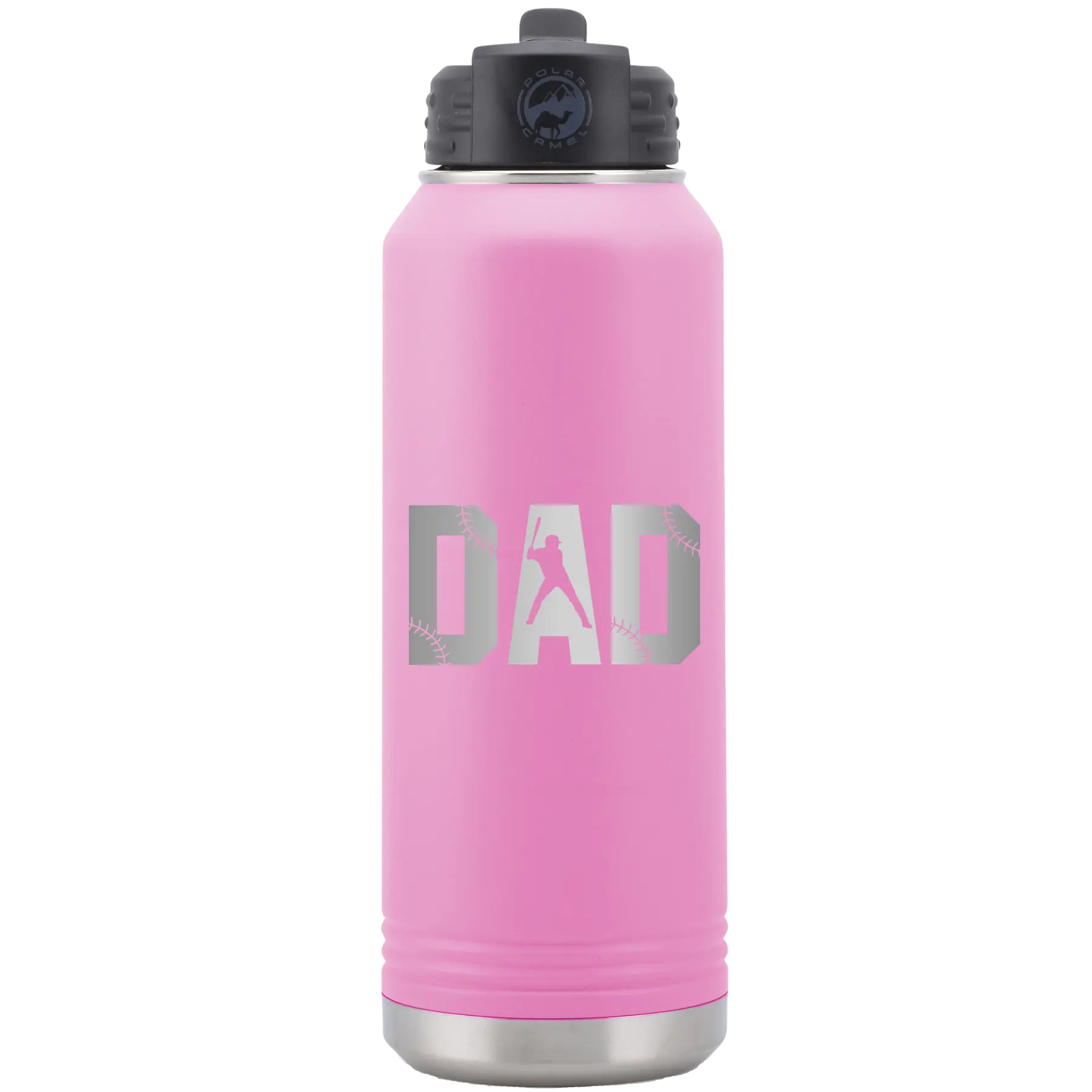 Laser etched light purple 32 oz vacuum insulated water bottle with 'Baseball Dad' design