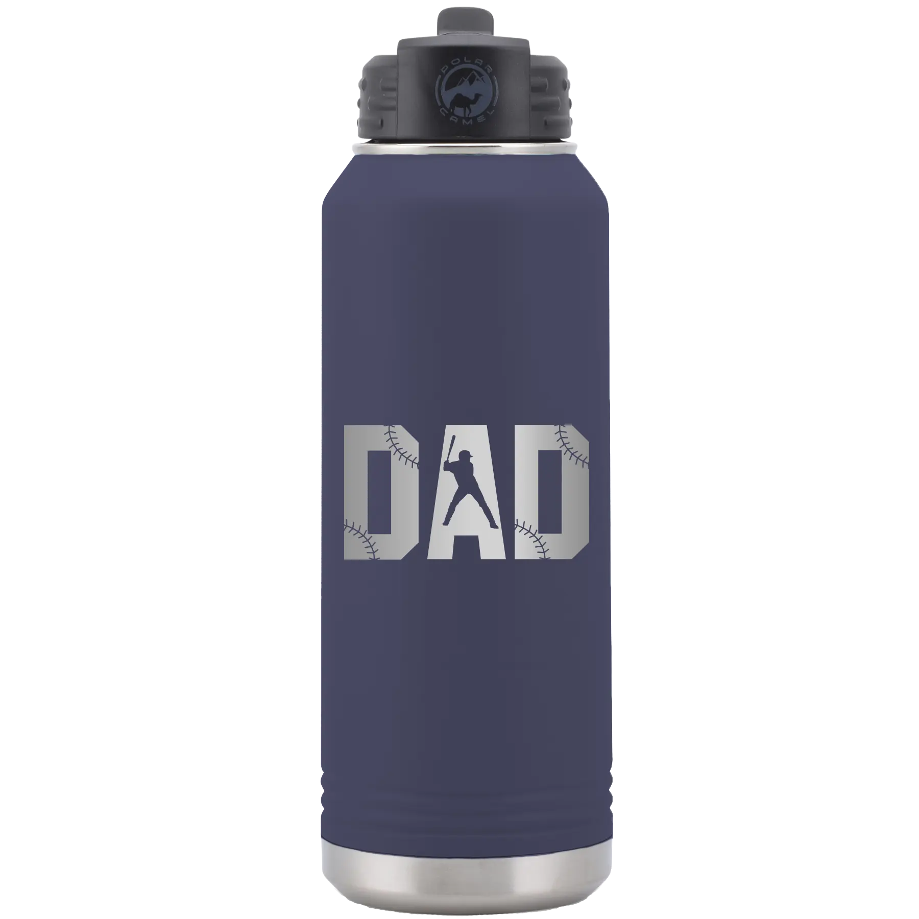 Laser etched navy 32 oz vacuum insulated water bottle with 'Baseball Dad' design