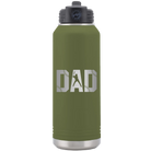 Laser etched olive green 32 oz vacuum insulated water bottle with 'Baseball Dad' design