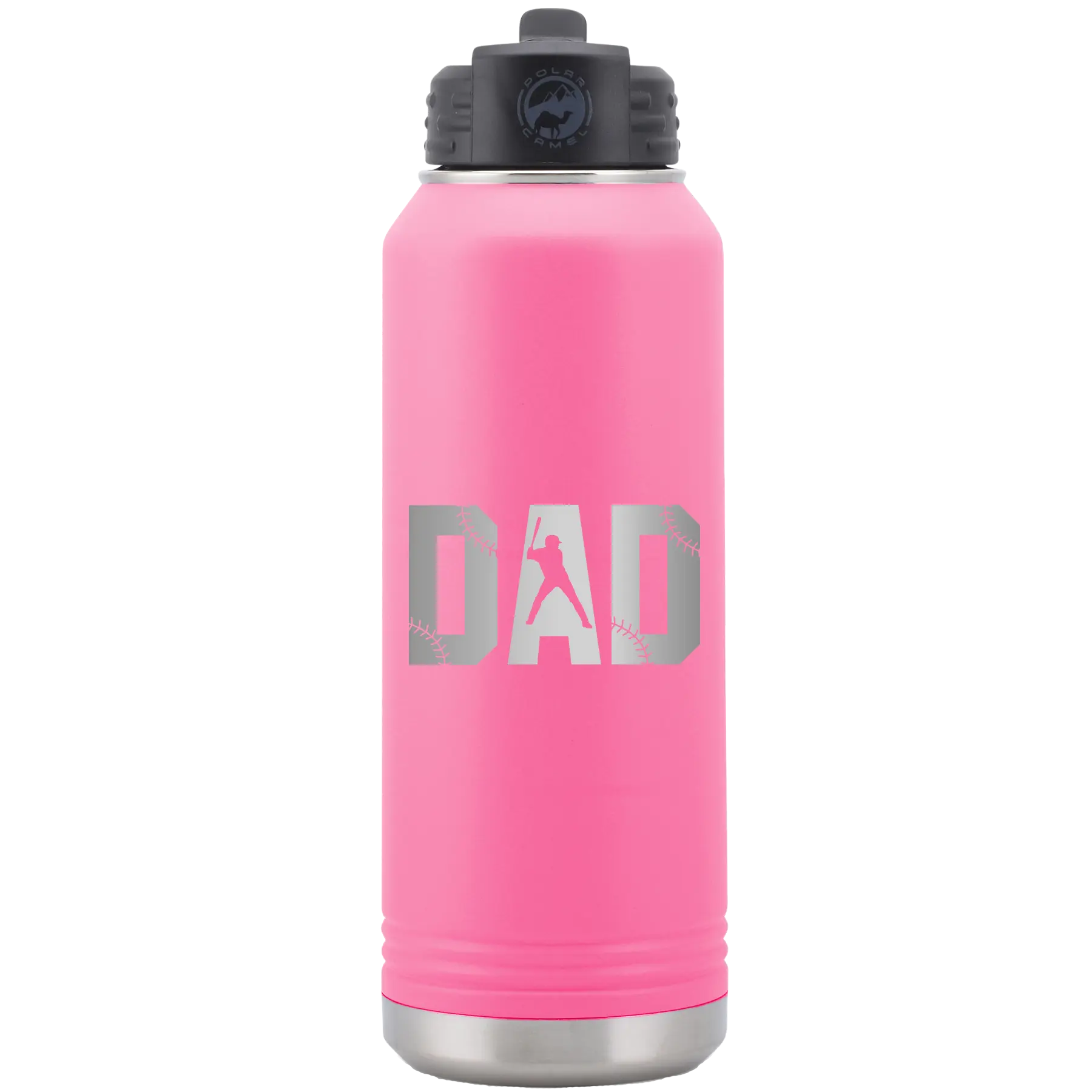 Laser etched pink 32 oz vacuum insulated water bottle with 'Baseball Dad' design