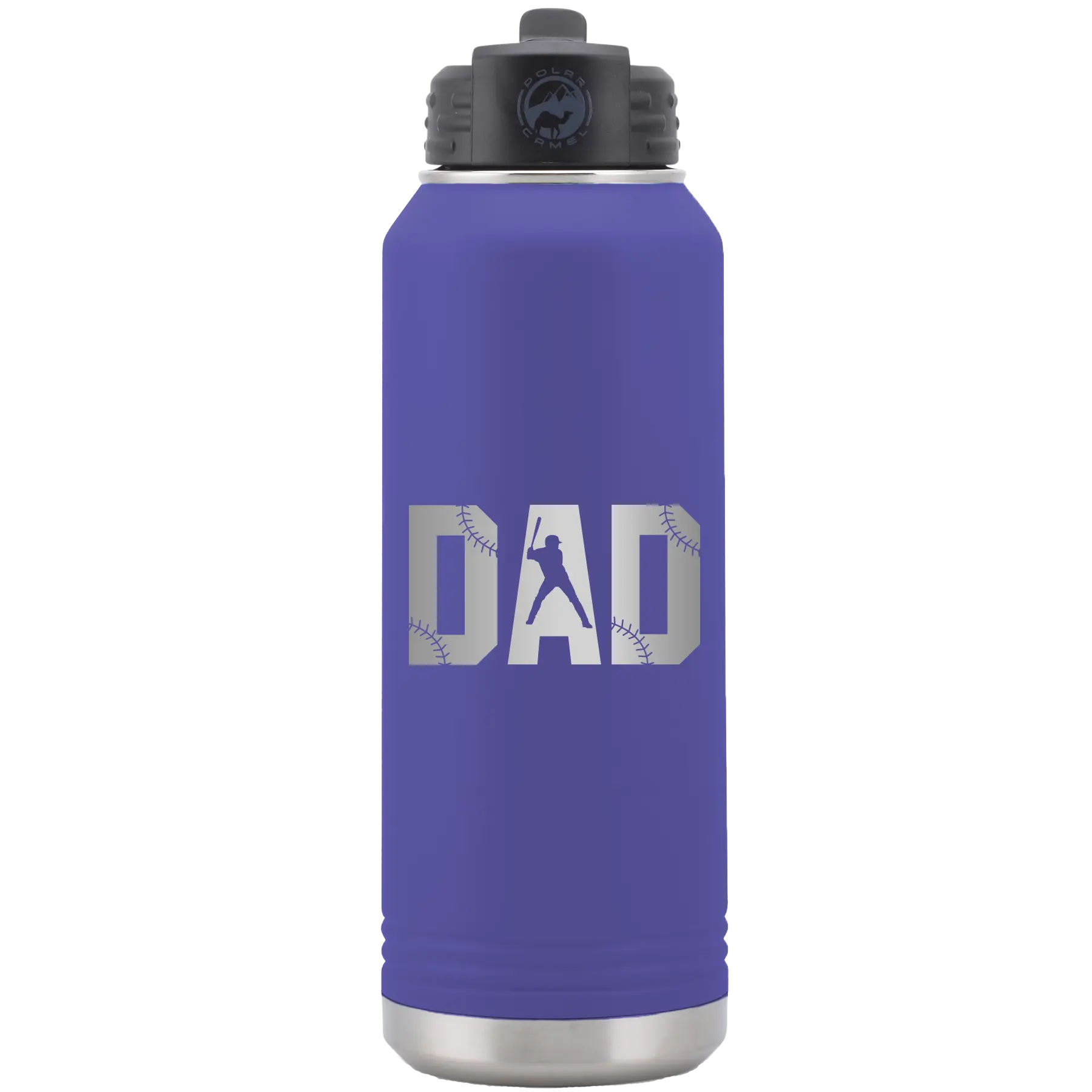 Laser etched purple 32 oz vacuum insulated water bottle with 'Baseball Dad' design