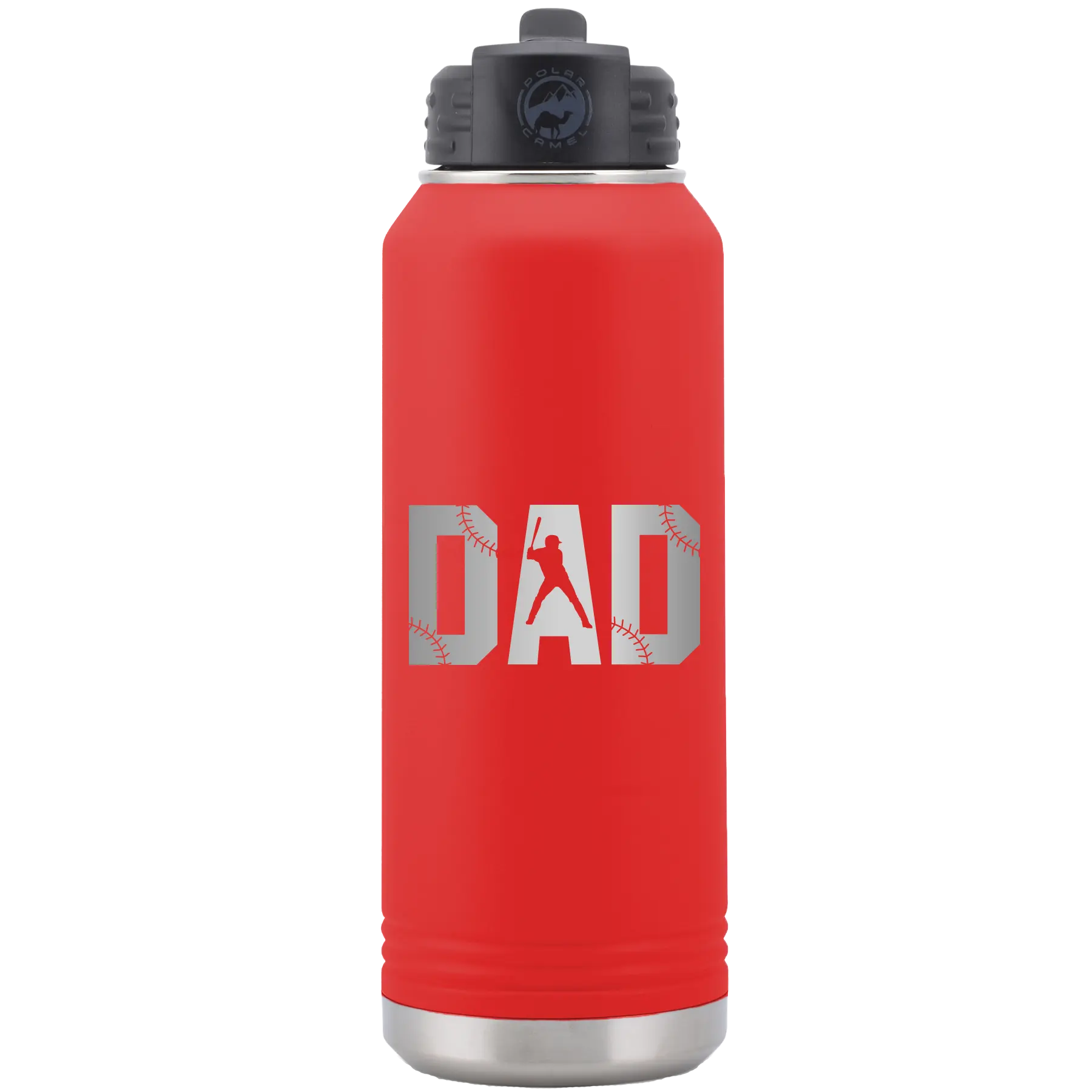 Laser etched red 32 oz vacuum insulated water bottle with 'Baseball Dad' design