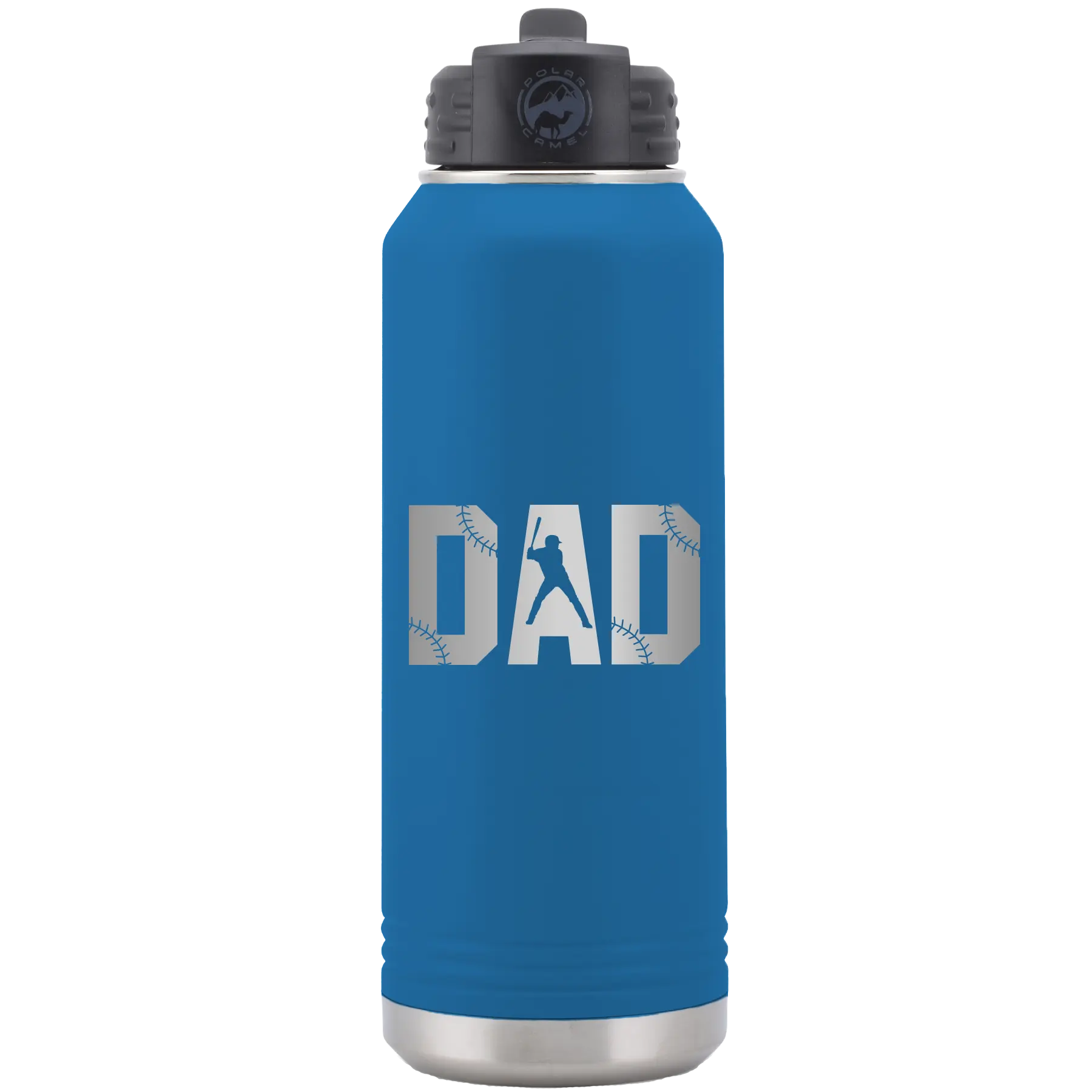 Laser etched royal blue 32 oz vacuum insulated water bottle with 'Baseball Dad' design