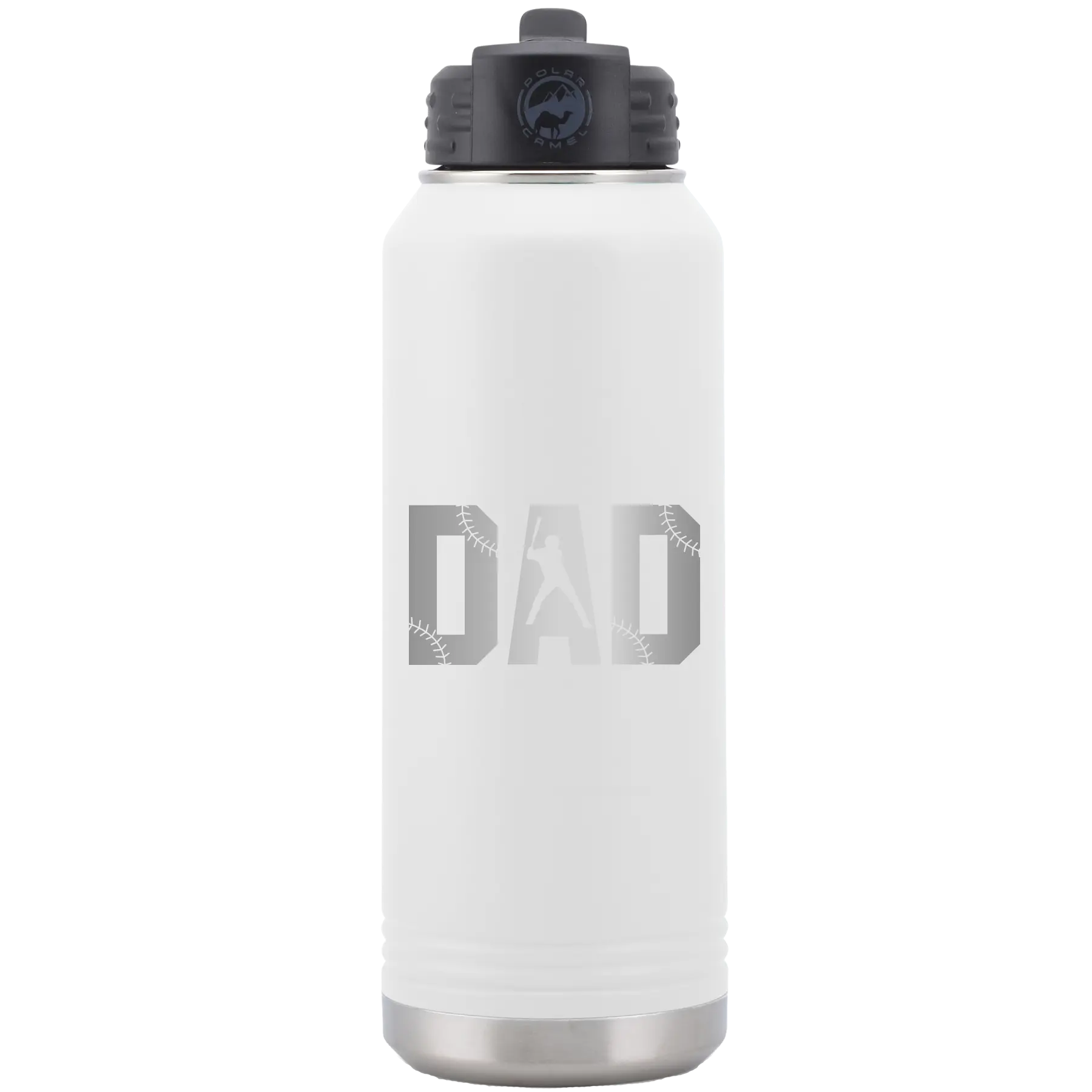 Laser etched white 32 oz vacuum insulated water bottle with 'Baseball Dad' design