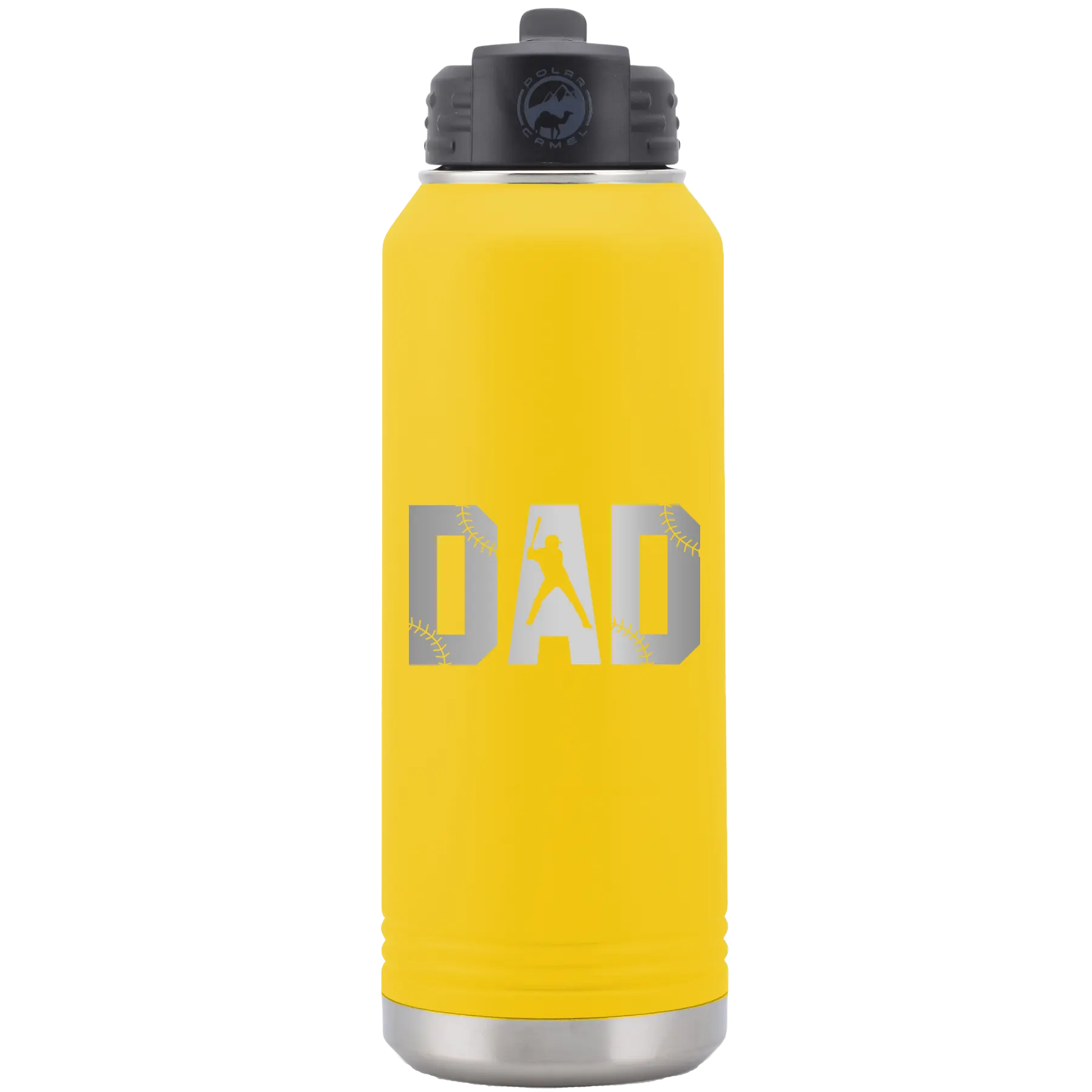 Laser etched yellow 32 oz vacuum insulated water bottle with 'Baseball Dad' design
