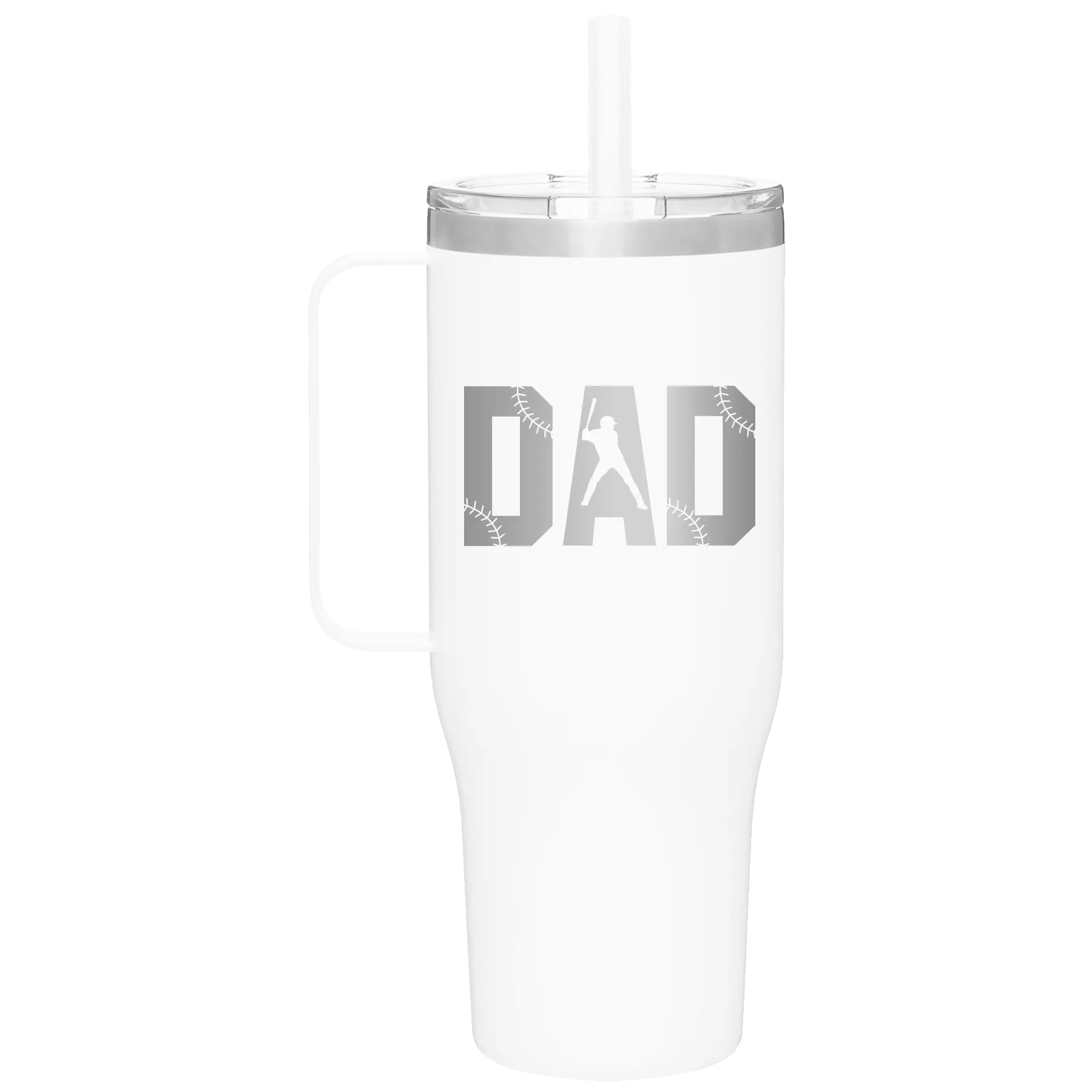 Laser etched white 40 oz vacuum insulated tumbler mug with 'Baseball Dad' design