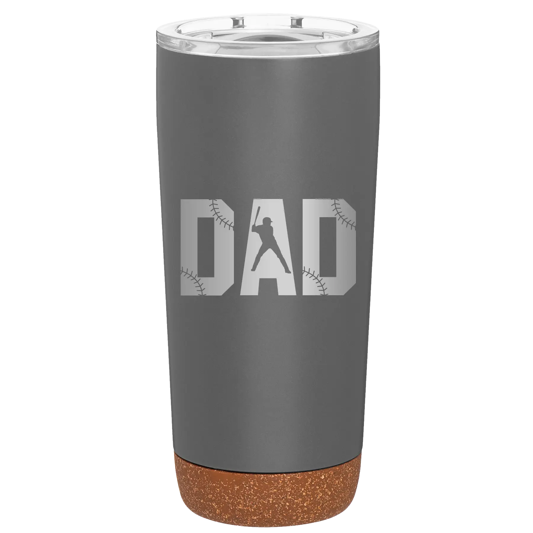 Laser etched storm gray 20 oz vacuum insulated tumbler with 'Baseball Dad' design