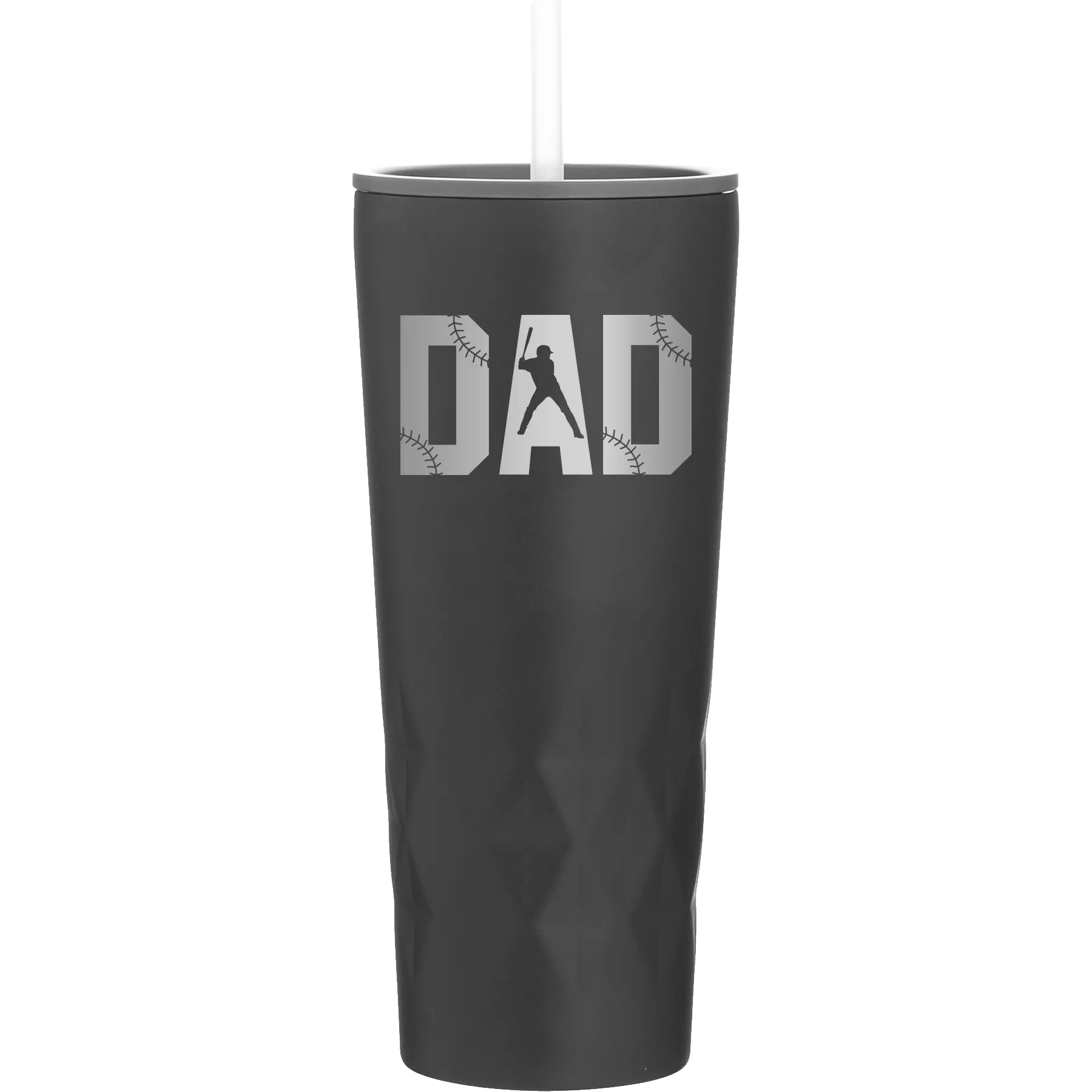 Laser etched black 20 oz vacuum insulated tumbler with 'Baseball Dad' design