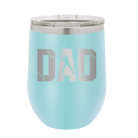 Laser etched light blue 12 oz vacuum insulated wine cup with 'Baseball Dad' design