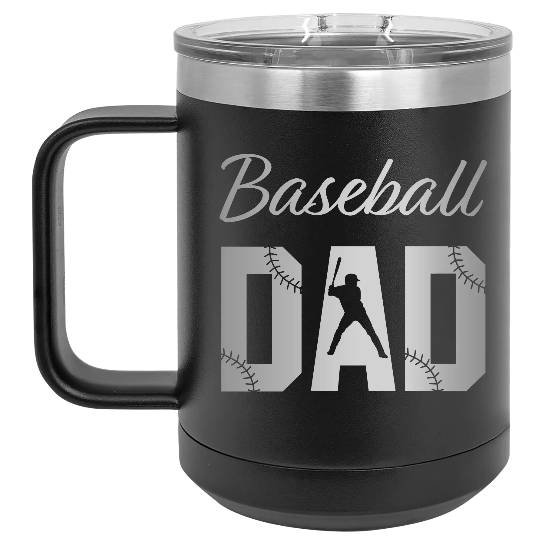 Laser etched black 15 oz vacuum insulated coffee mug with 'Baseball Dad2' design