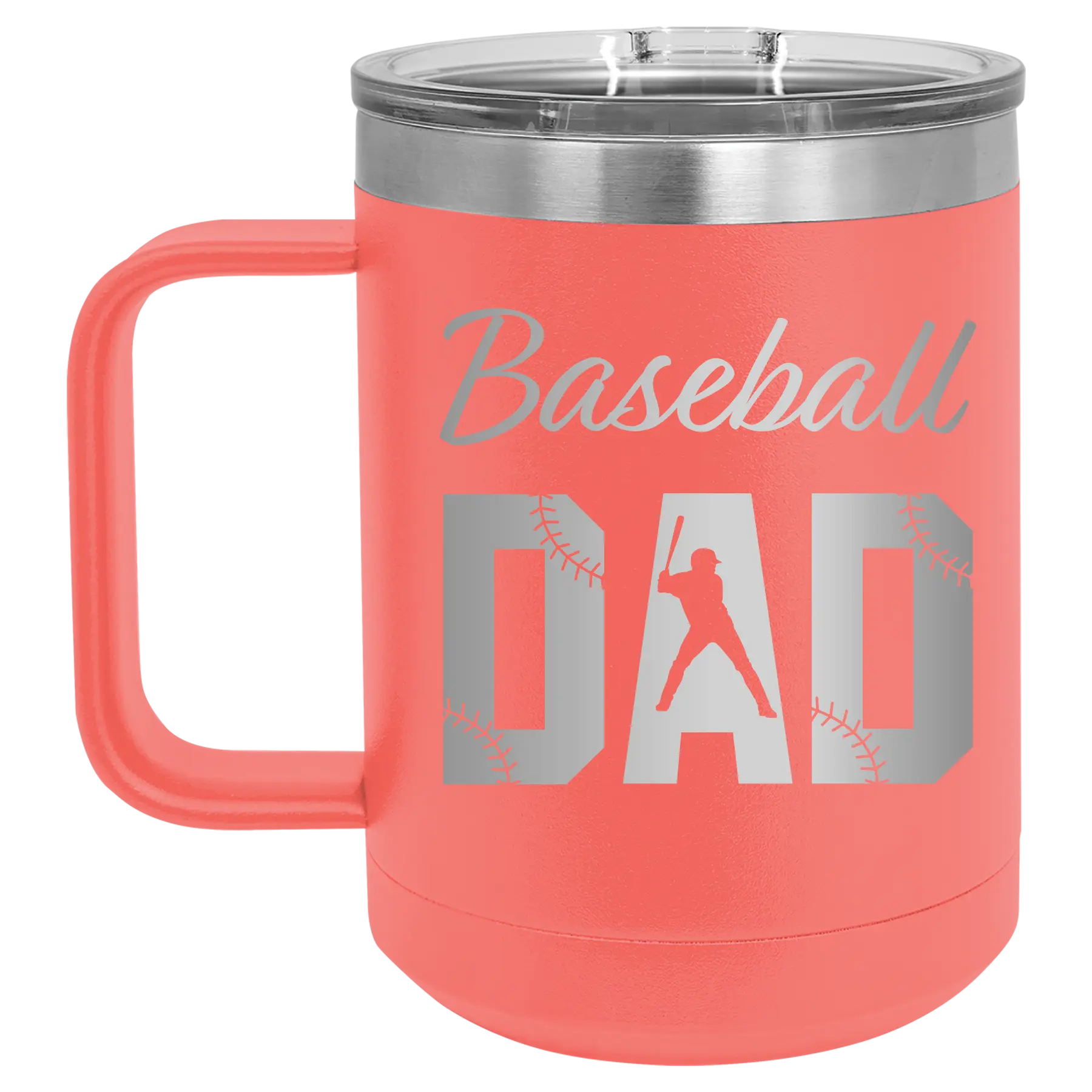 Laser etched coral 15 oz vacuum insulated coffee mug with 'Baseball Dad2' design