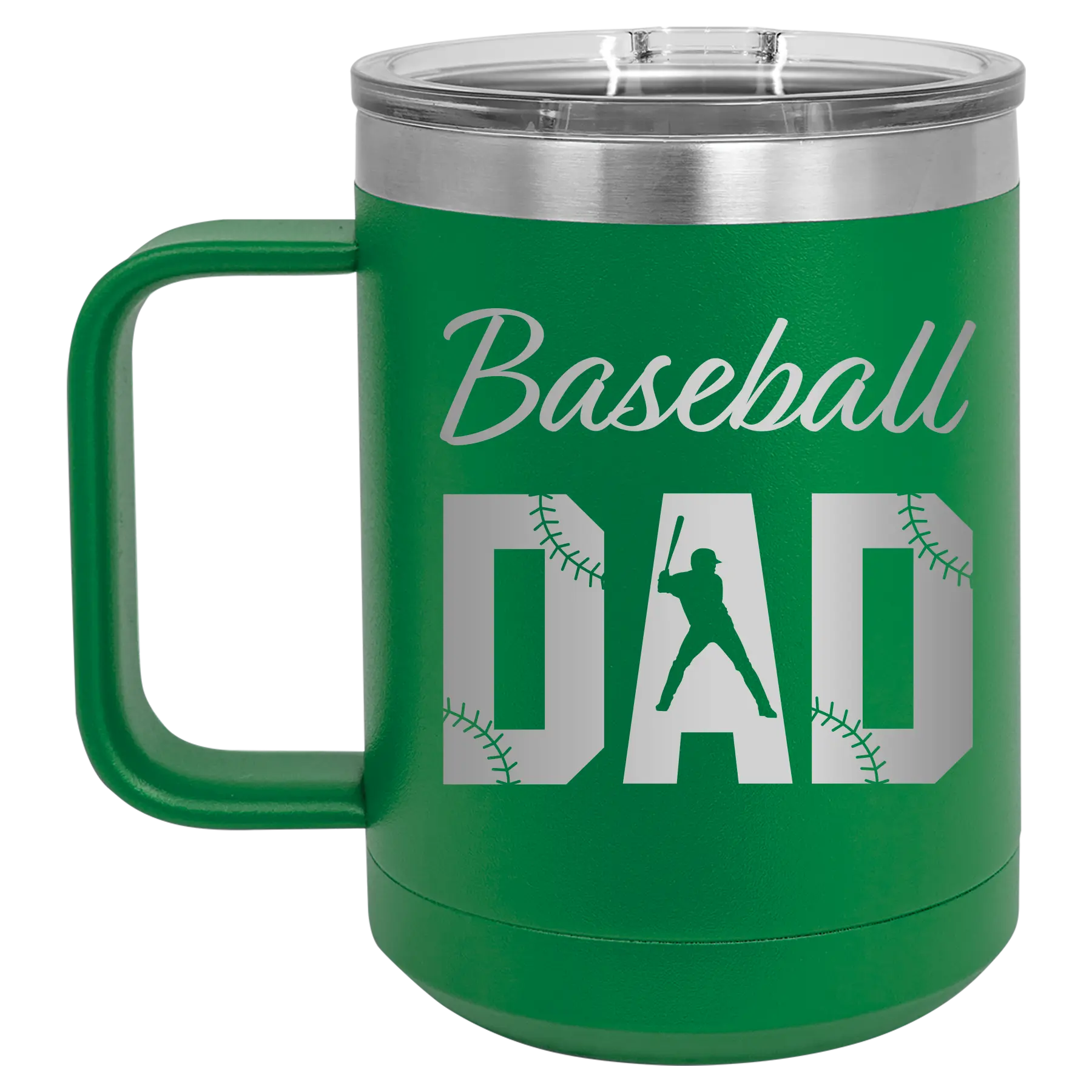 Laser etched green 15 oz vacuum insulated coffee mug with 'Baseball Dad2' design