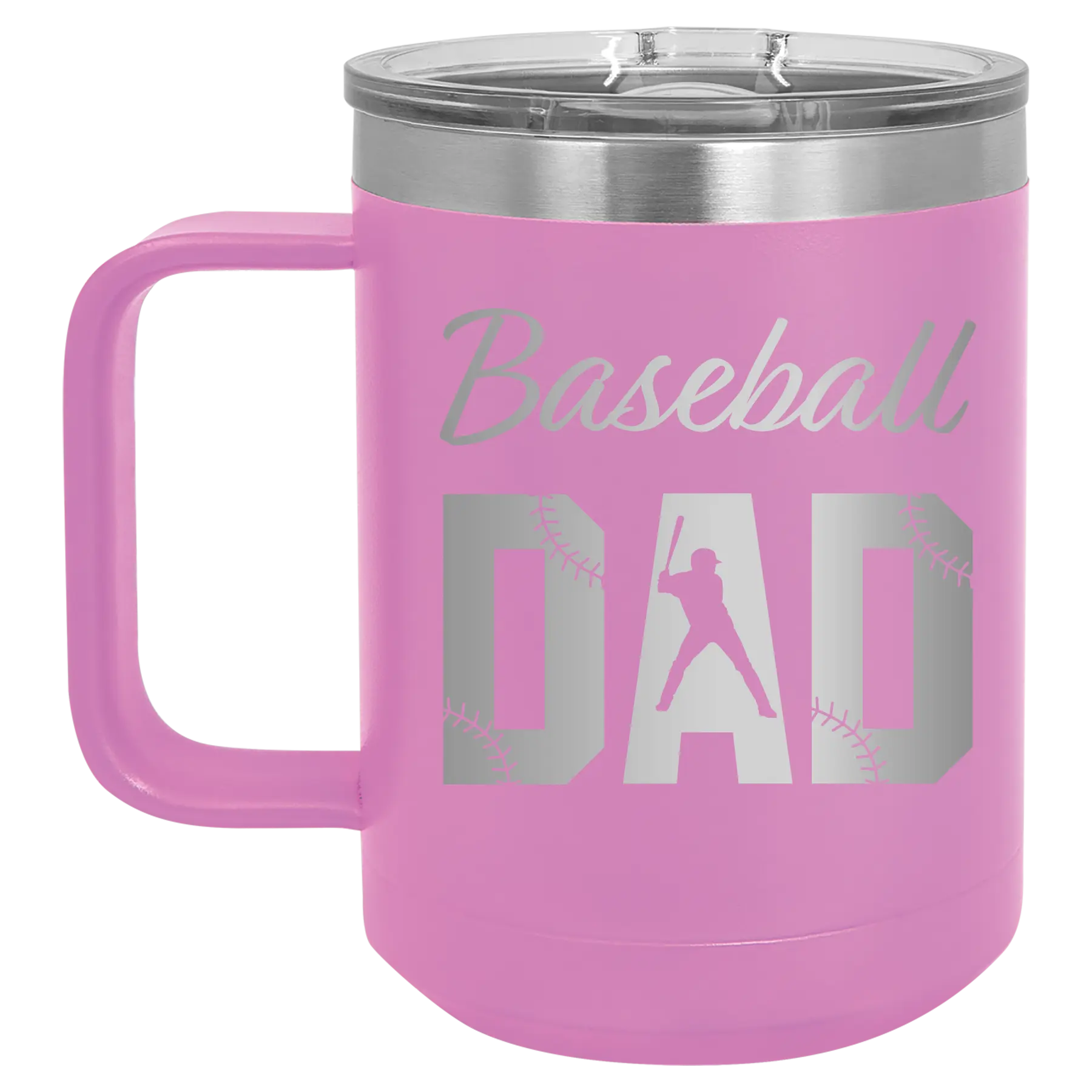 Laser etched light purple 15 oz vacuum insulated coffee mug with 'Baseball Dad2' design