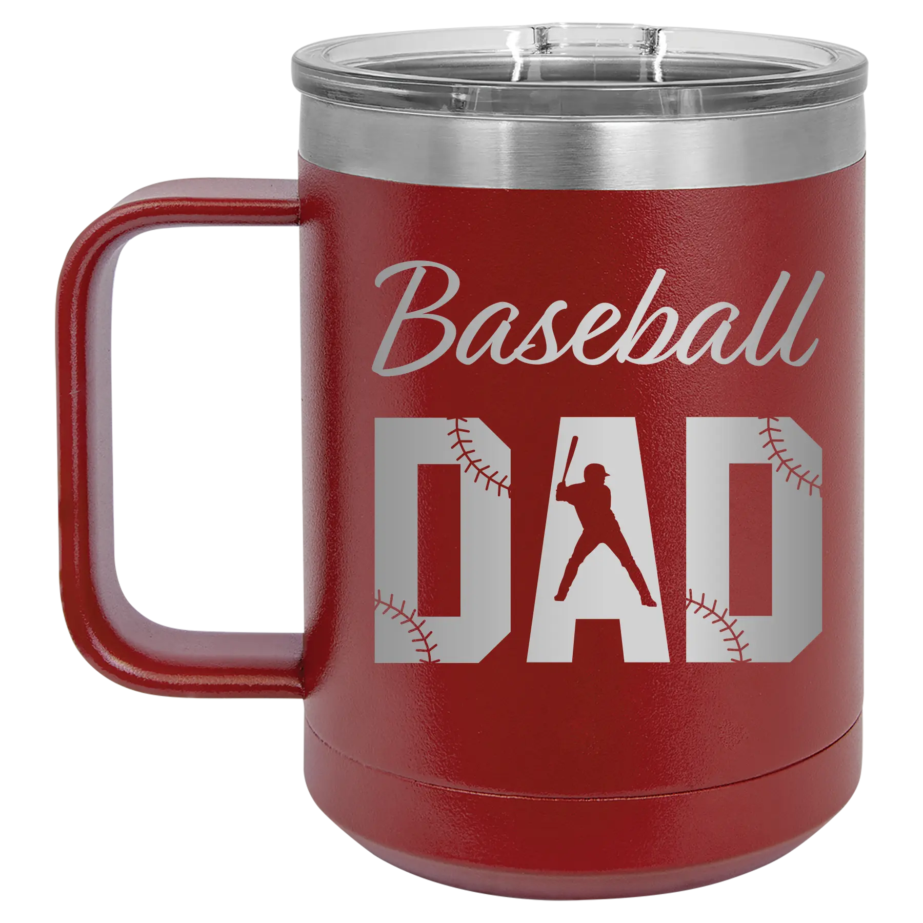 Laser etched maroon 15 oz vacuum insulated coffee mug with 'Baseball Dad2' design