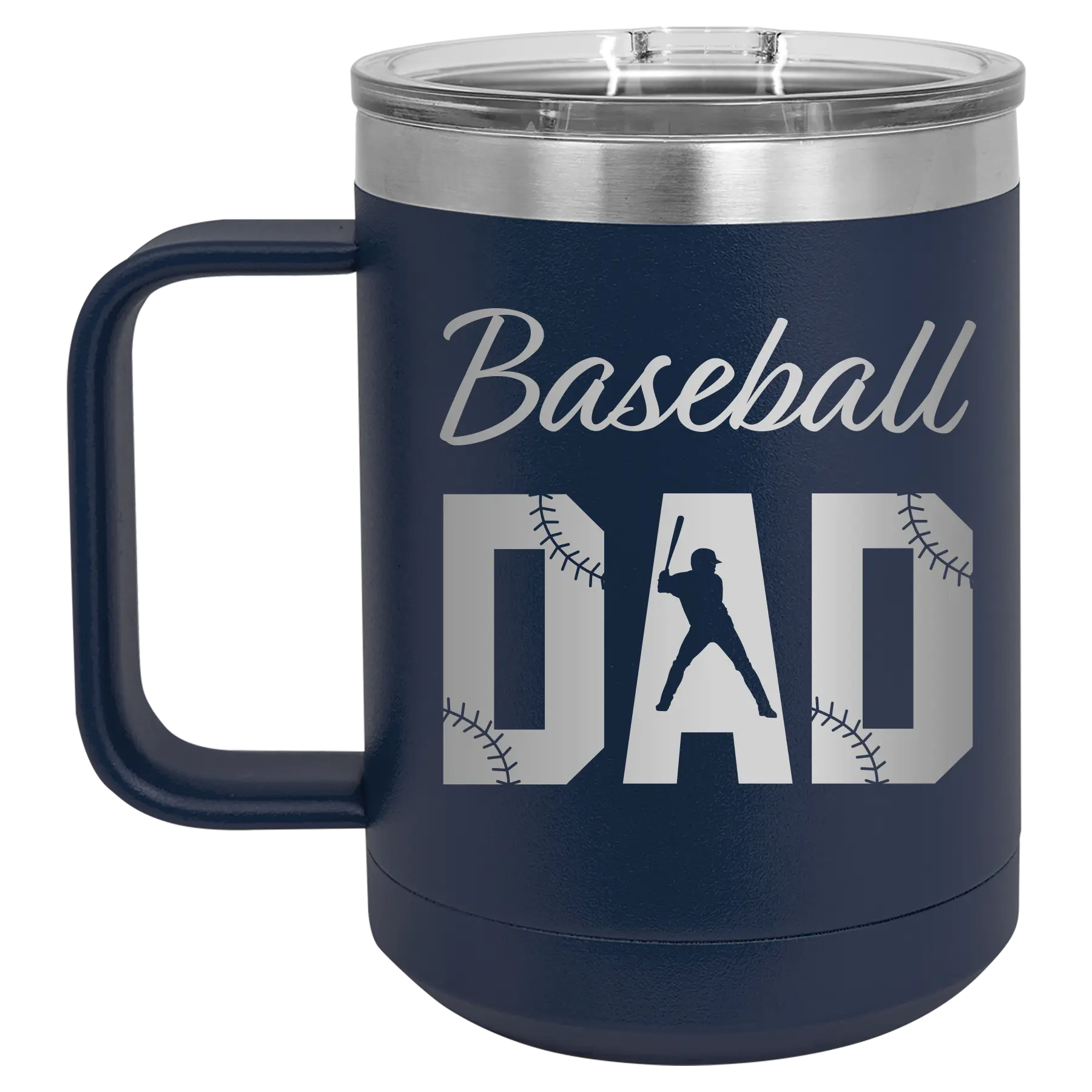 Laser etched navy 15 oz vacuum insulated coffee mug with 'Baseball Dad2' design