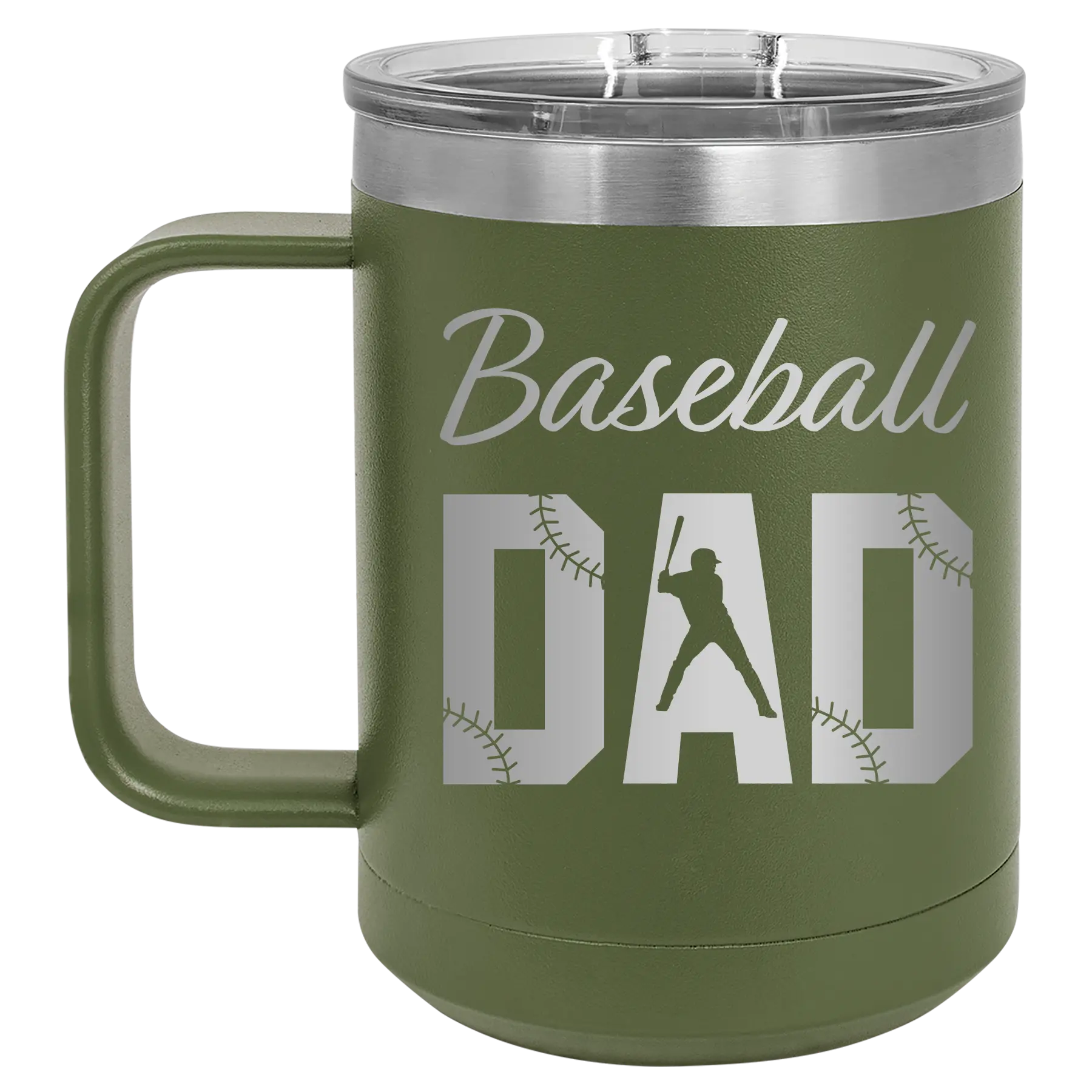 Laser etched olive green 15 oz vacuum insulated coffee mug with 'Baseball Dad2' design