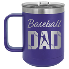 Laser etched purple 15 oz vacuum insulated coffee mug with 'Baseball Dad2' design