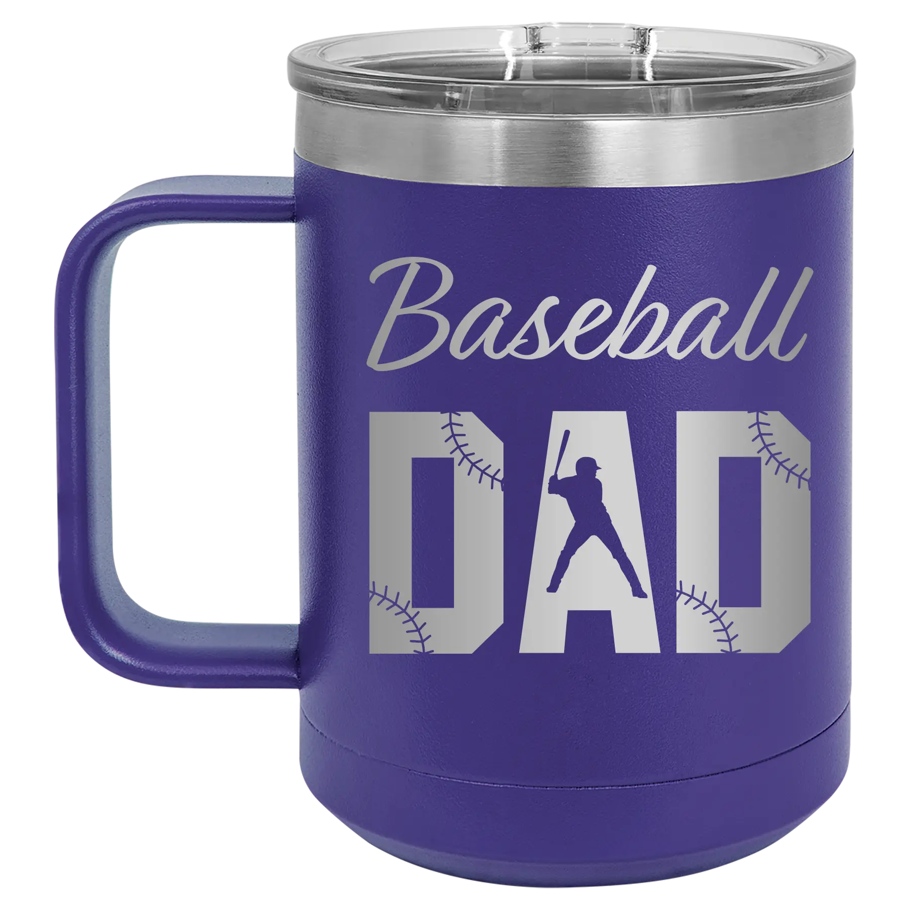 Laser etched purple 15 oz vacuum insulated coffee mug with 'Baseball Dad2' design