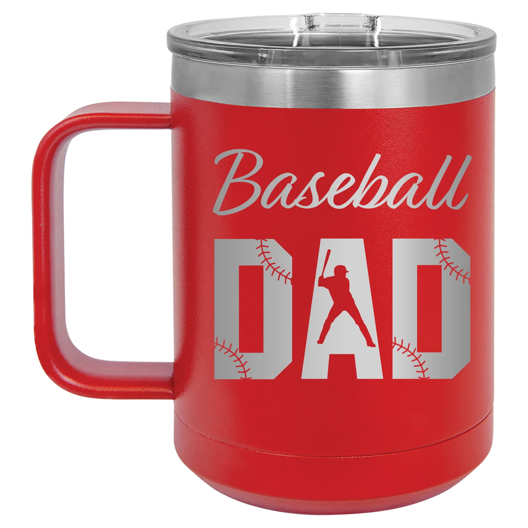 Laser etched red 15 oz vacuum insulated coffee mug with 'Baseball Dad2' design