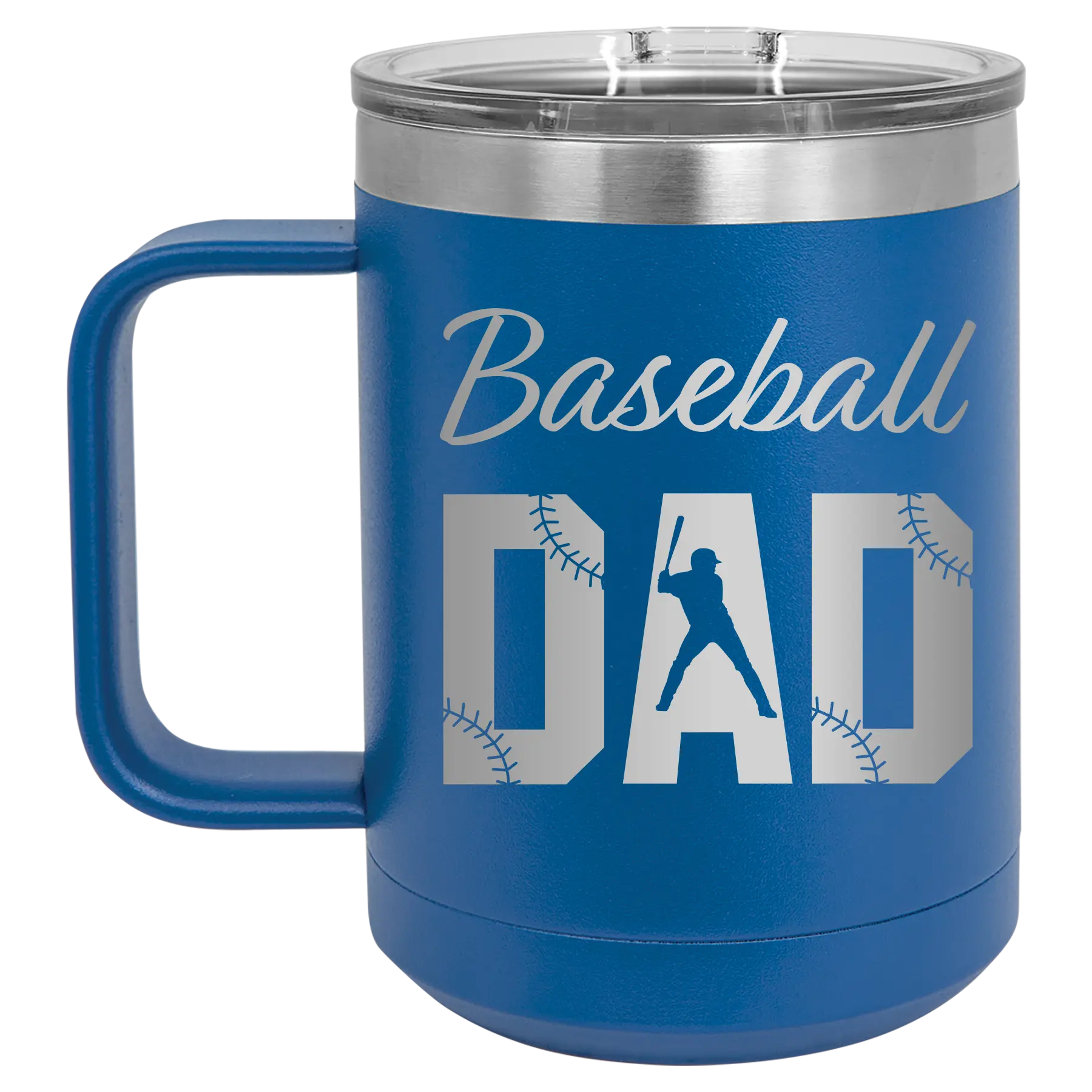 Laser etched royal blue 15 oz vacuum insulated coffee mug with 'Baseball Dad2' design