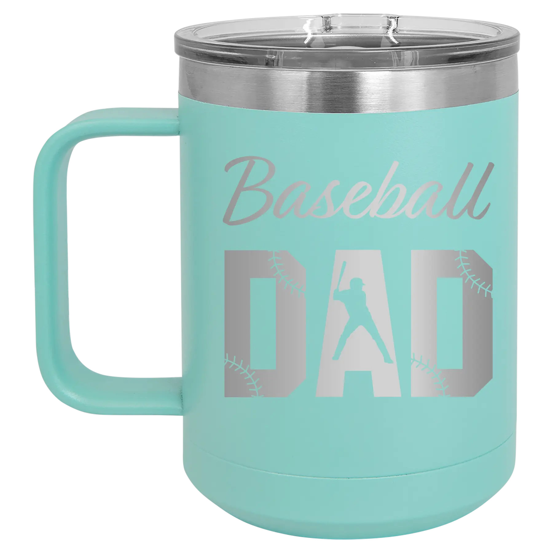 Laser etched teal 15 oz vacuum insulated coffee mug with 'Baseball Dad2' design