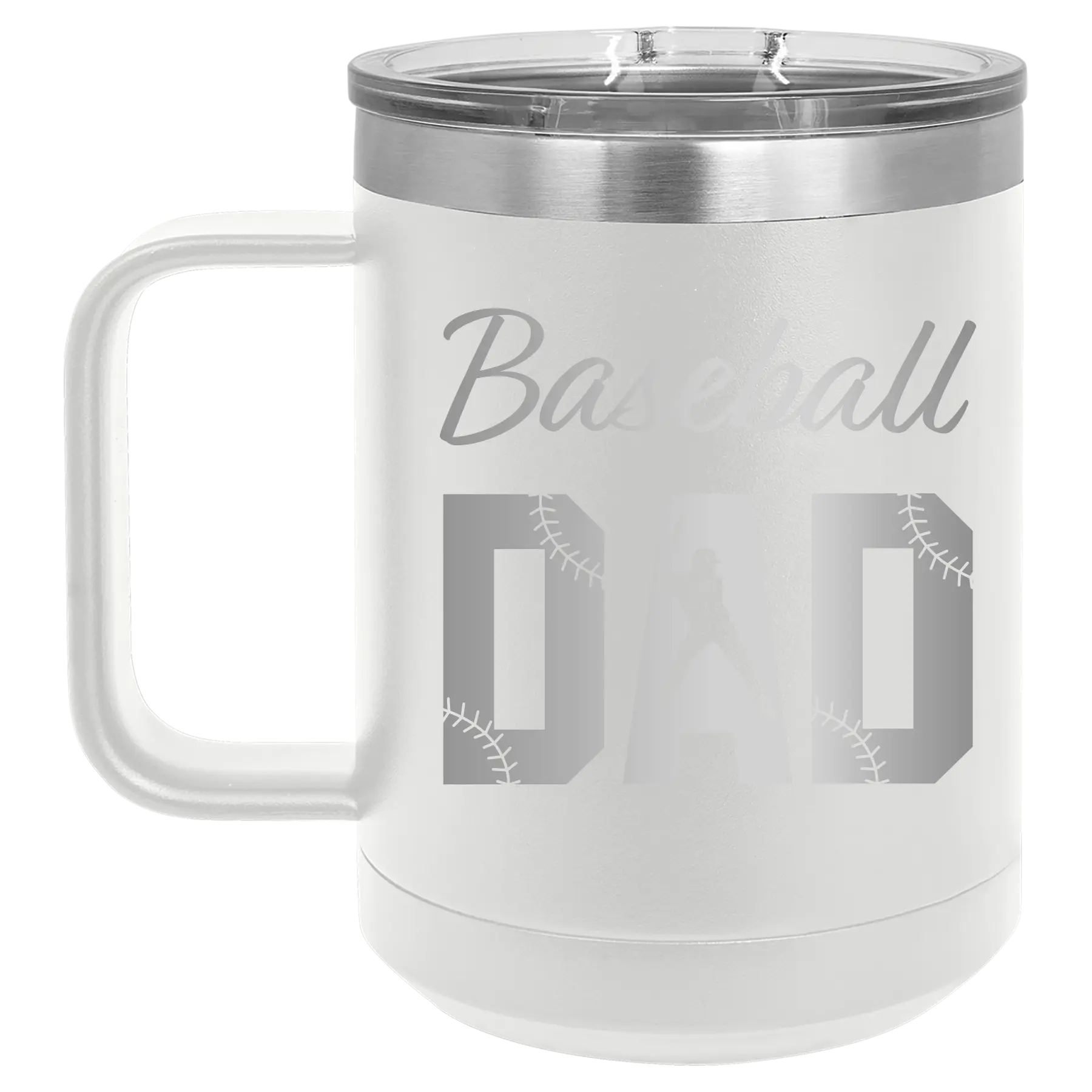 Laser etched white 15 oz vacuum insulated coffee mug with 'Baseball Dad2' design
