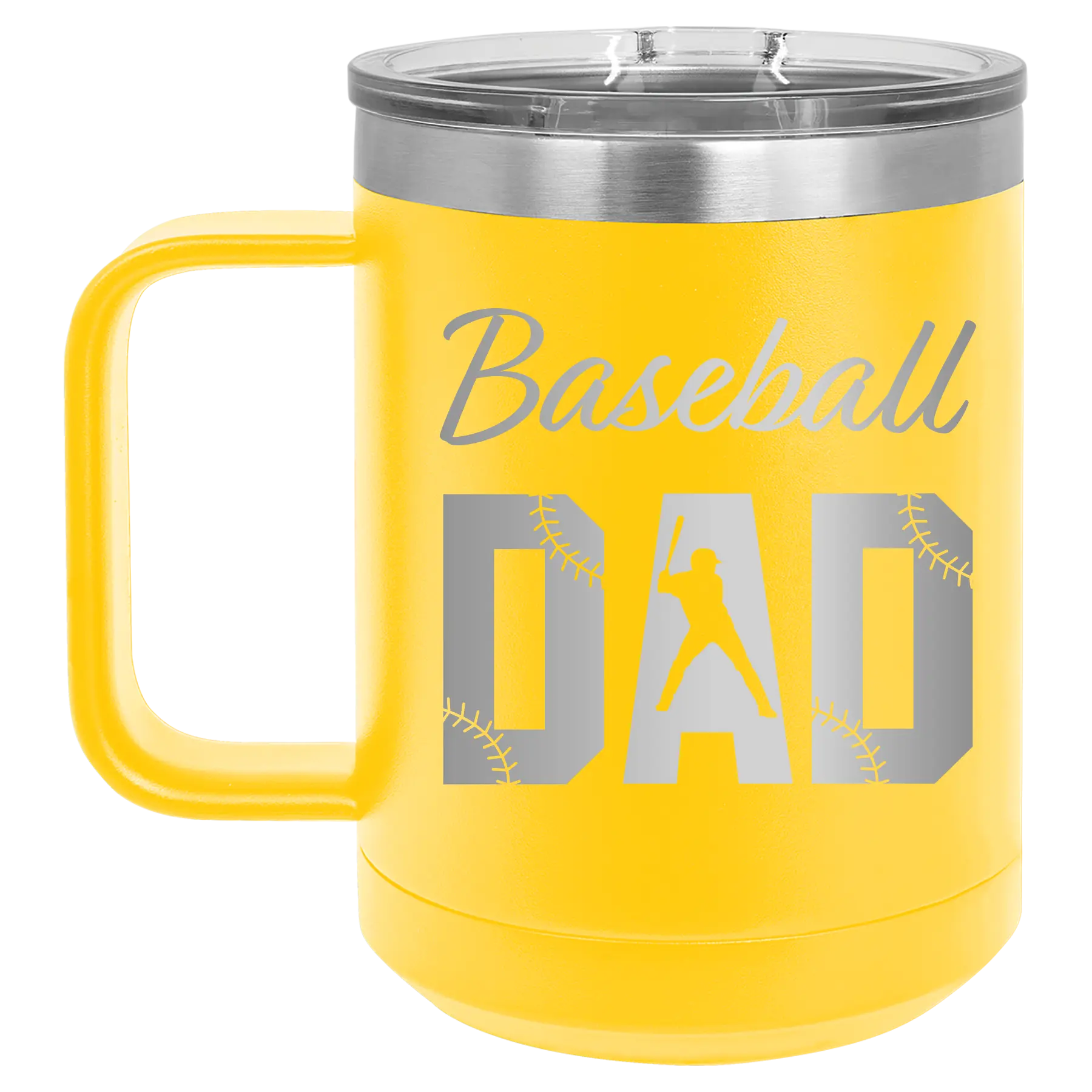 Laser etched yellow 15 oz vacuum insulated coffee mug with 'Baseball Dad2' design