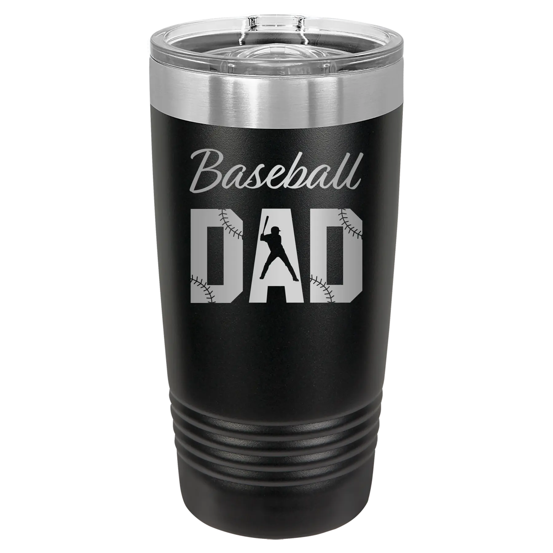 Laser etched black 20 oz vacuum insulated tumbler with 'Baseball Dad2' design