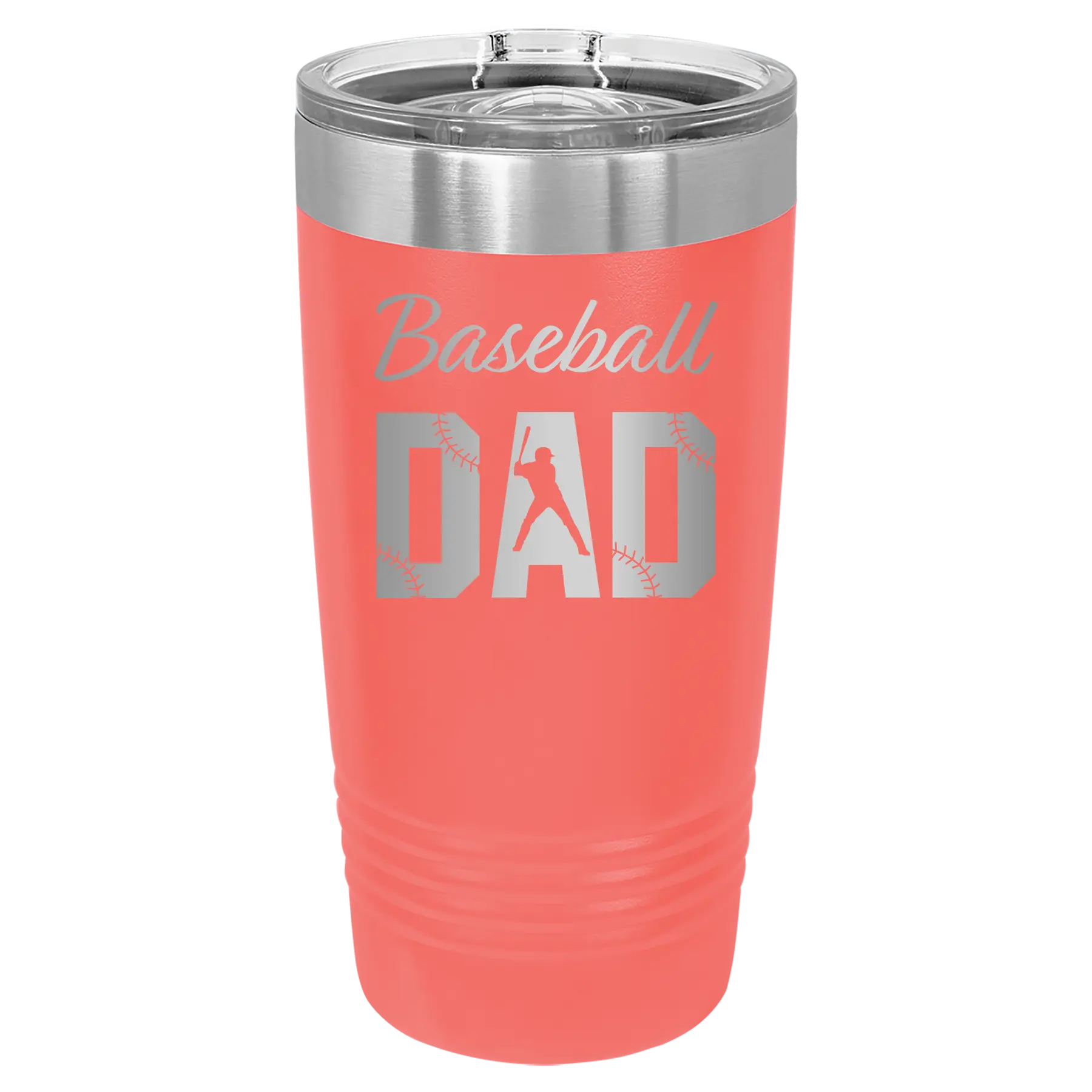 Laser etched coral 20 oz vacuum insulated tumbler with 'Baseball Dad2' design