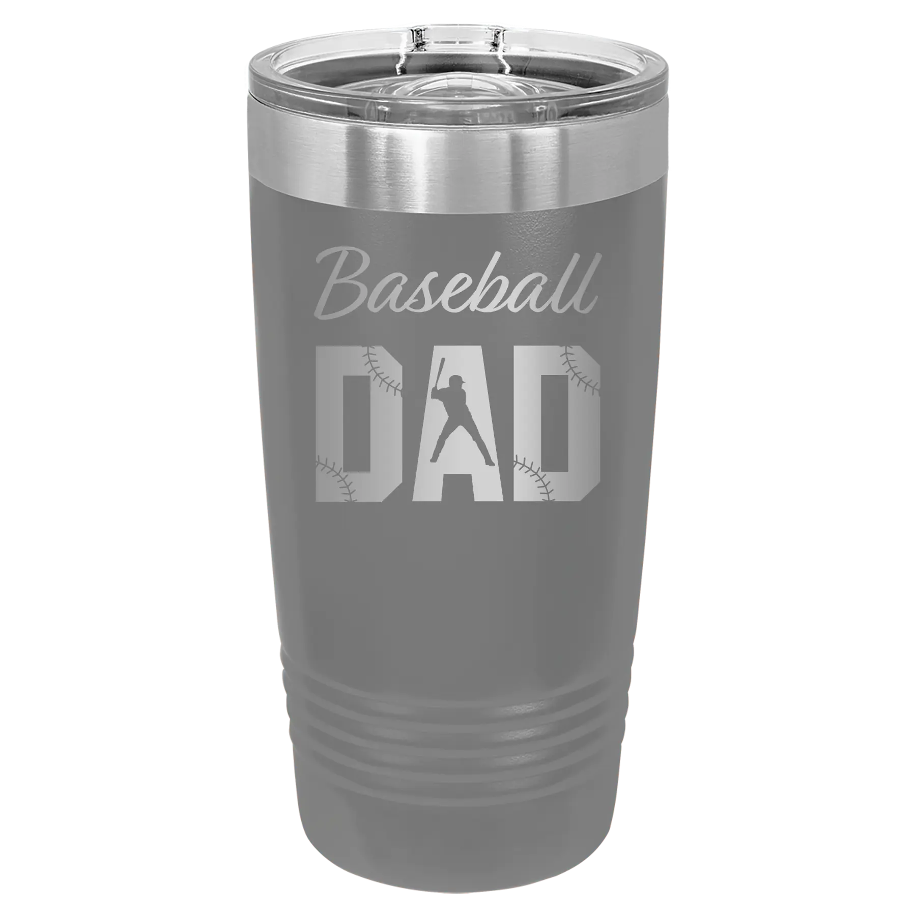 Laser etched dark gray 20 oz vacuum insulated tumbler with 'Baseball Dad2' design