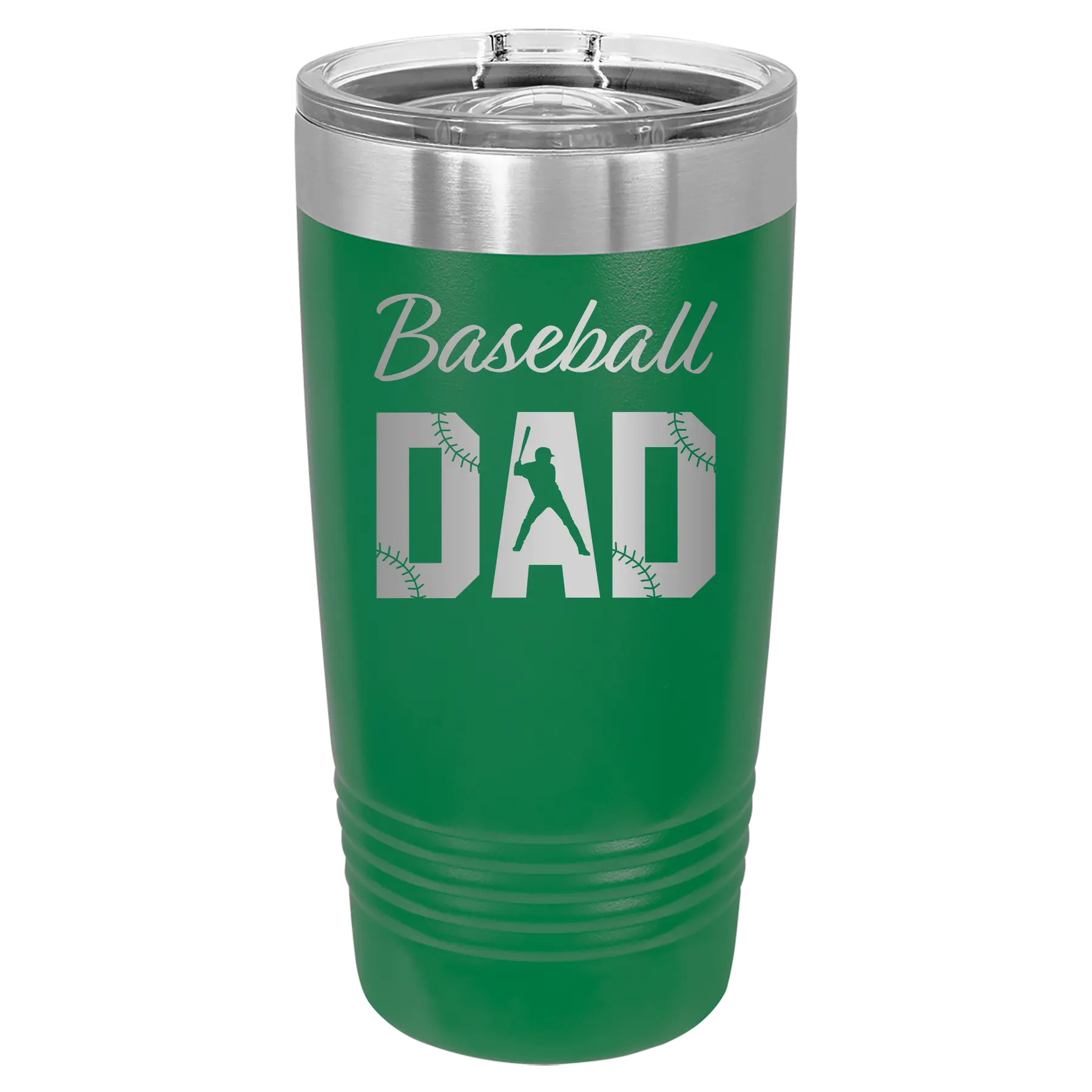 Laser etched green 20 oz vacuum insulated tumbler with 'Baseball Dad2' design