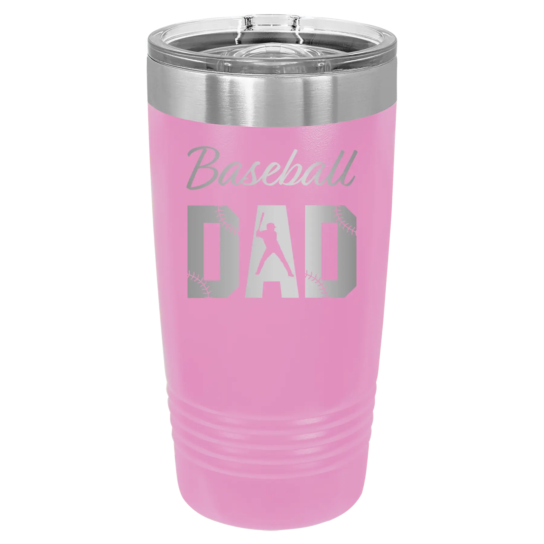Laser etched light purple 20 oz vacuum insulated tumbler with 'Baseball Dad2' design