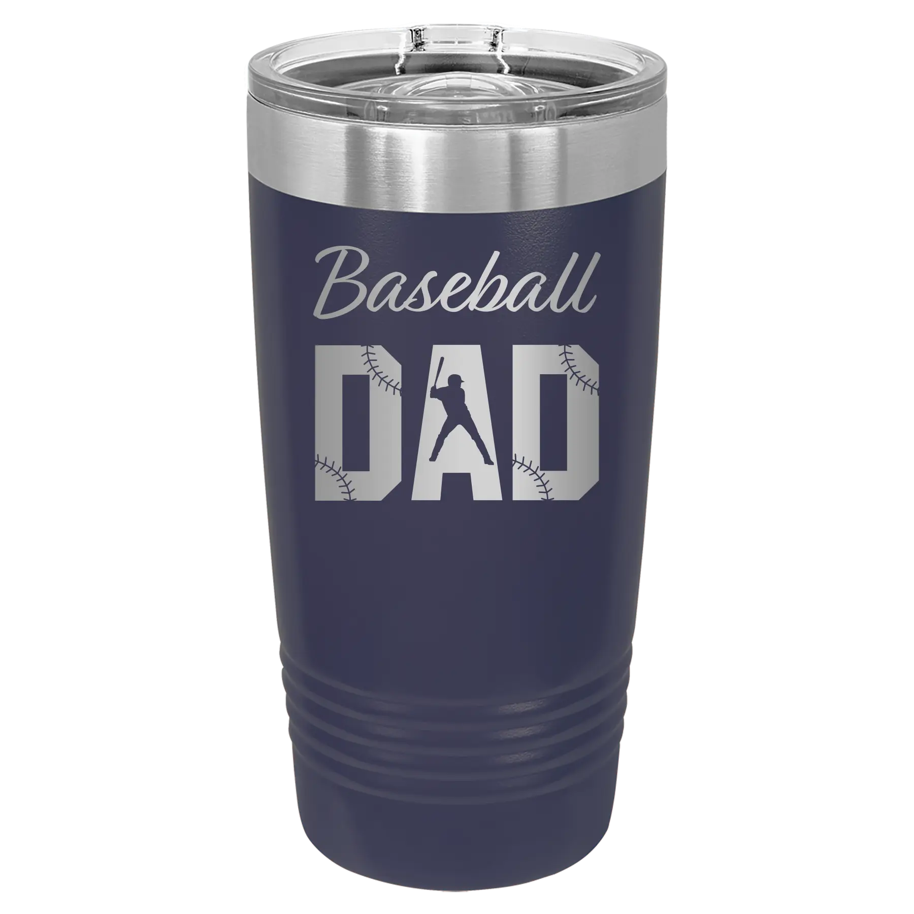 Laser etched navy 20 oz vacuum insulated tumbler with 'Baseball Dad2' design