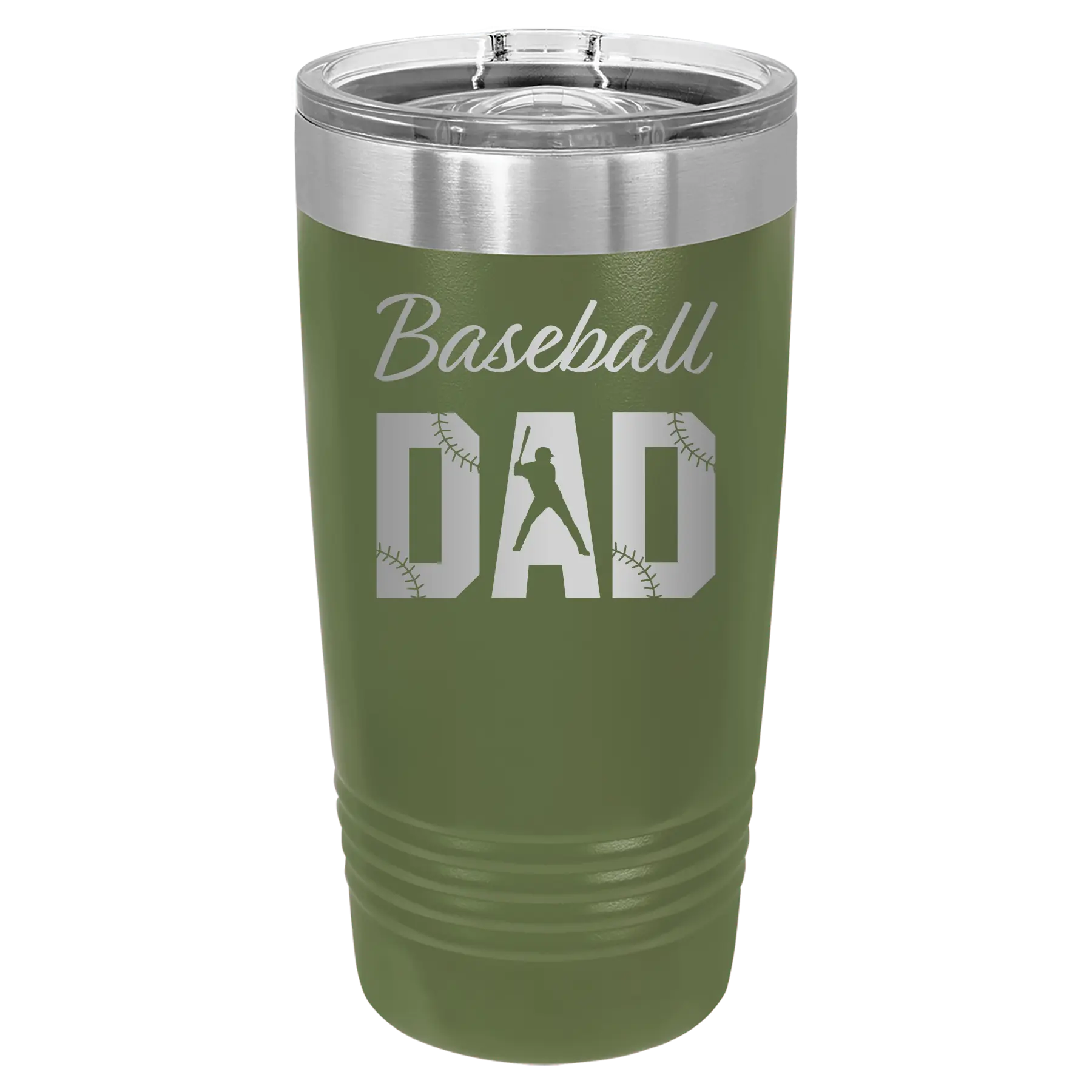 Laser etched olive green 20 oz vacuum insulated tumbler with 'Baseball Dad2' design