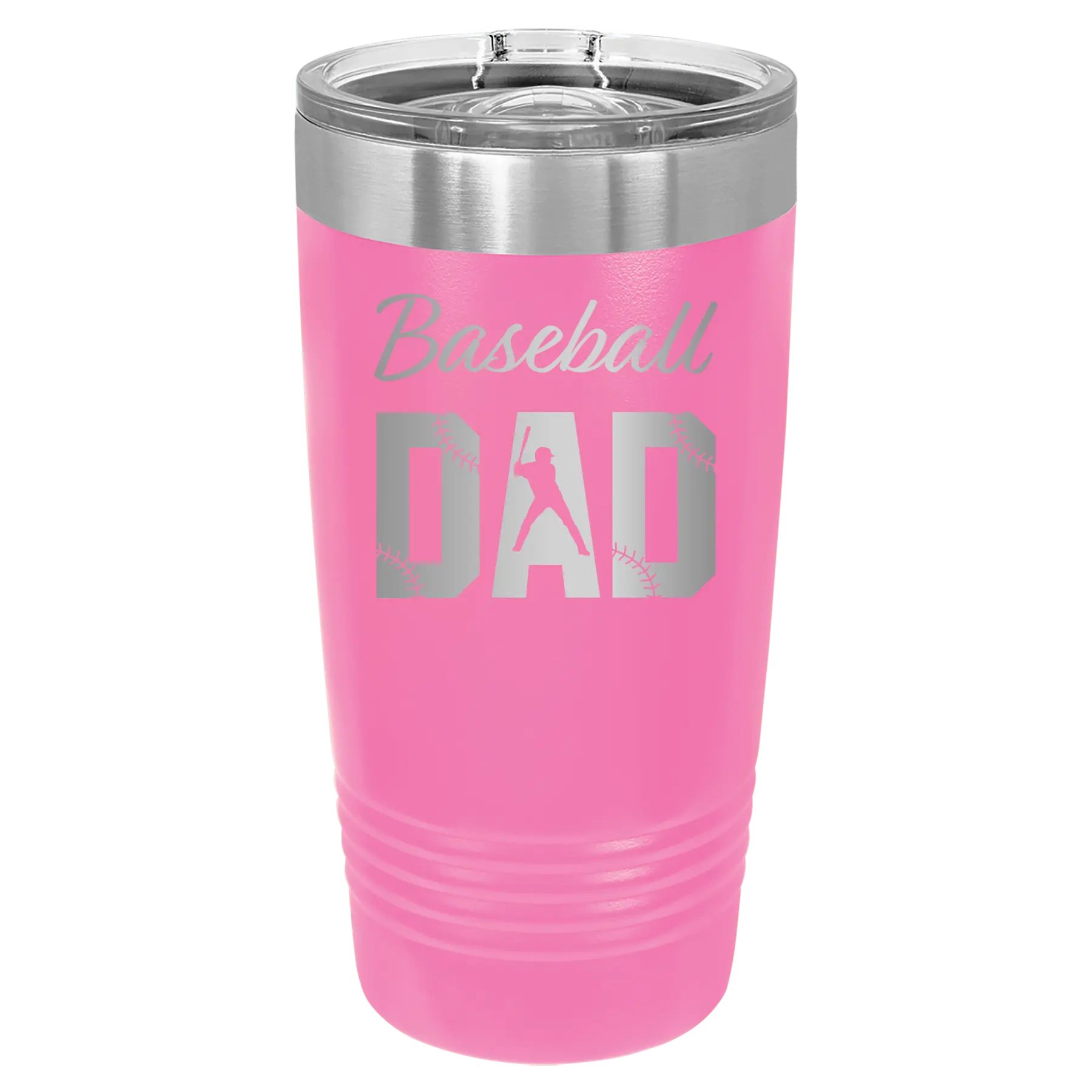 Laser etched pink 20 oz vacuum insulated tumbler with 'Baseball Dad2' design