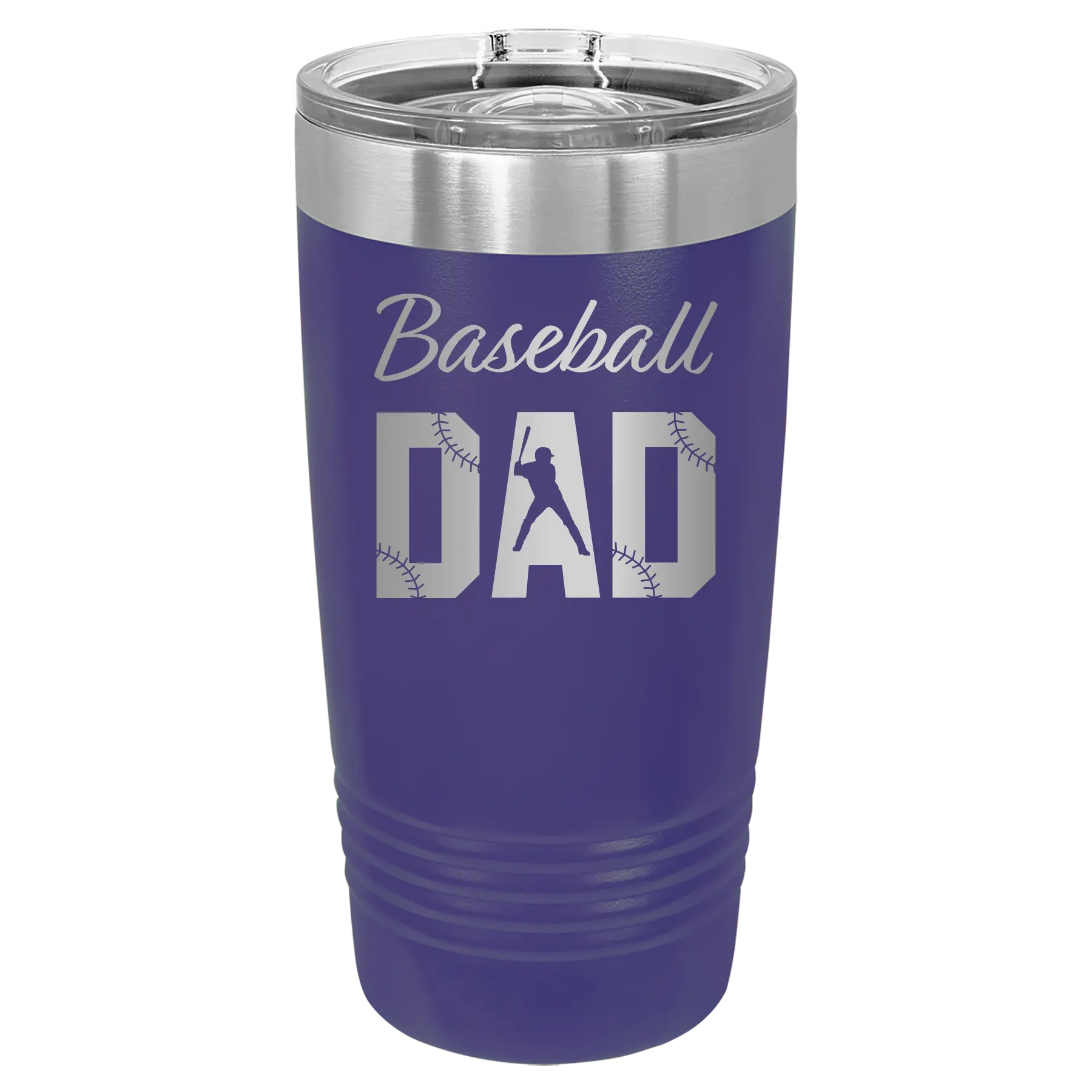 Laser etched purple 20 oz vacuum insulated tumbler with 'Baseball Dad2' design