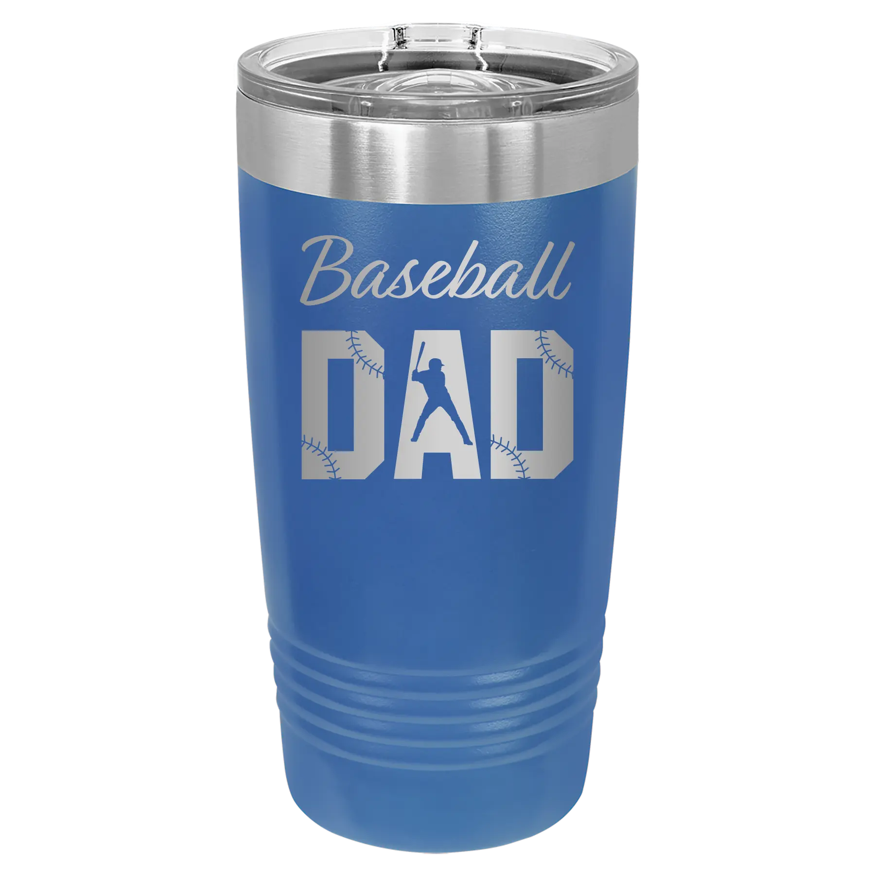 Laser etched royal blue 20 oz vacuum insulated tumbler with 'Baseball Dad2' design