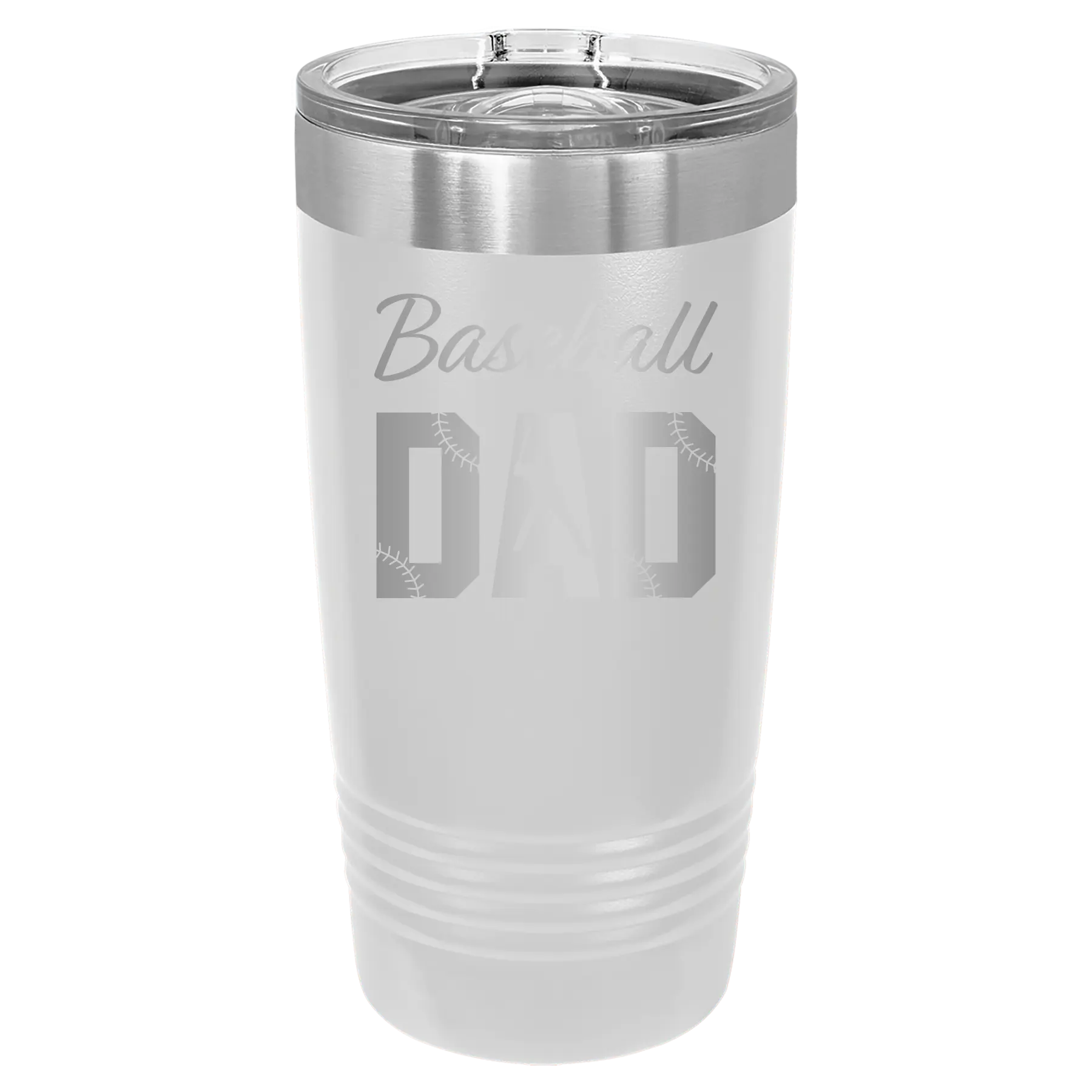 Laser etched white 20 oz vacuum insulated tumbler with 'Baseball Dad2' design