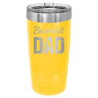 Laser etched yellow 20 oz vacuum insulated tumbler with 'Baseball Dad2' design