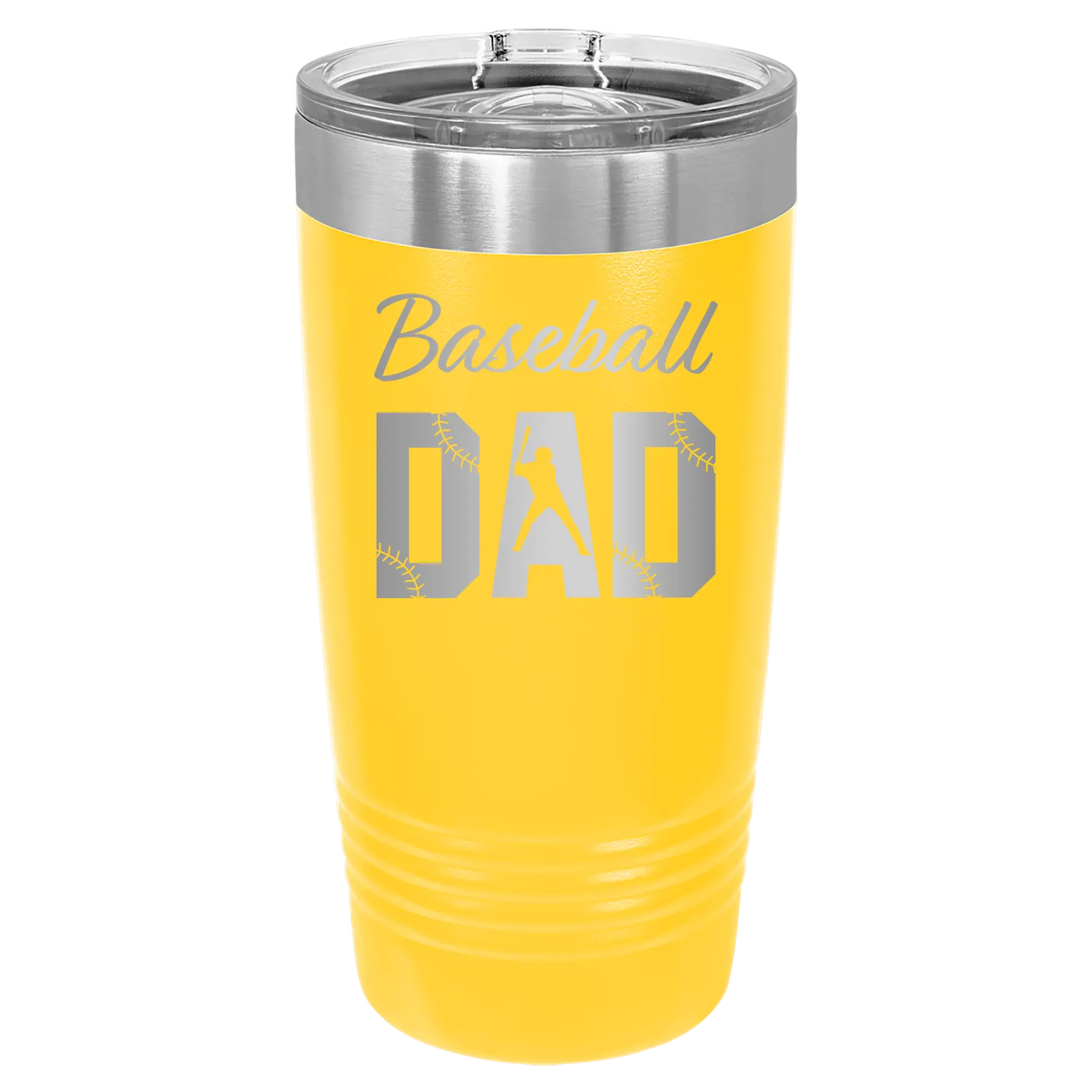 Laser etched yellow 20 oz vacuum insulated tumbler with 'Baseball Dad2' design