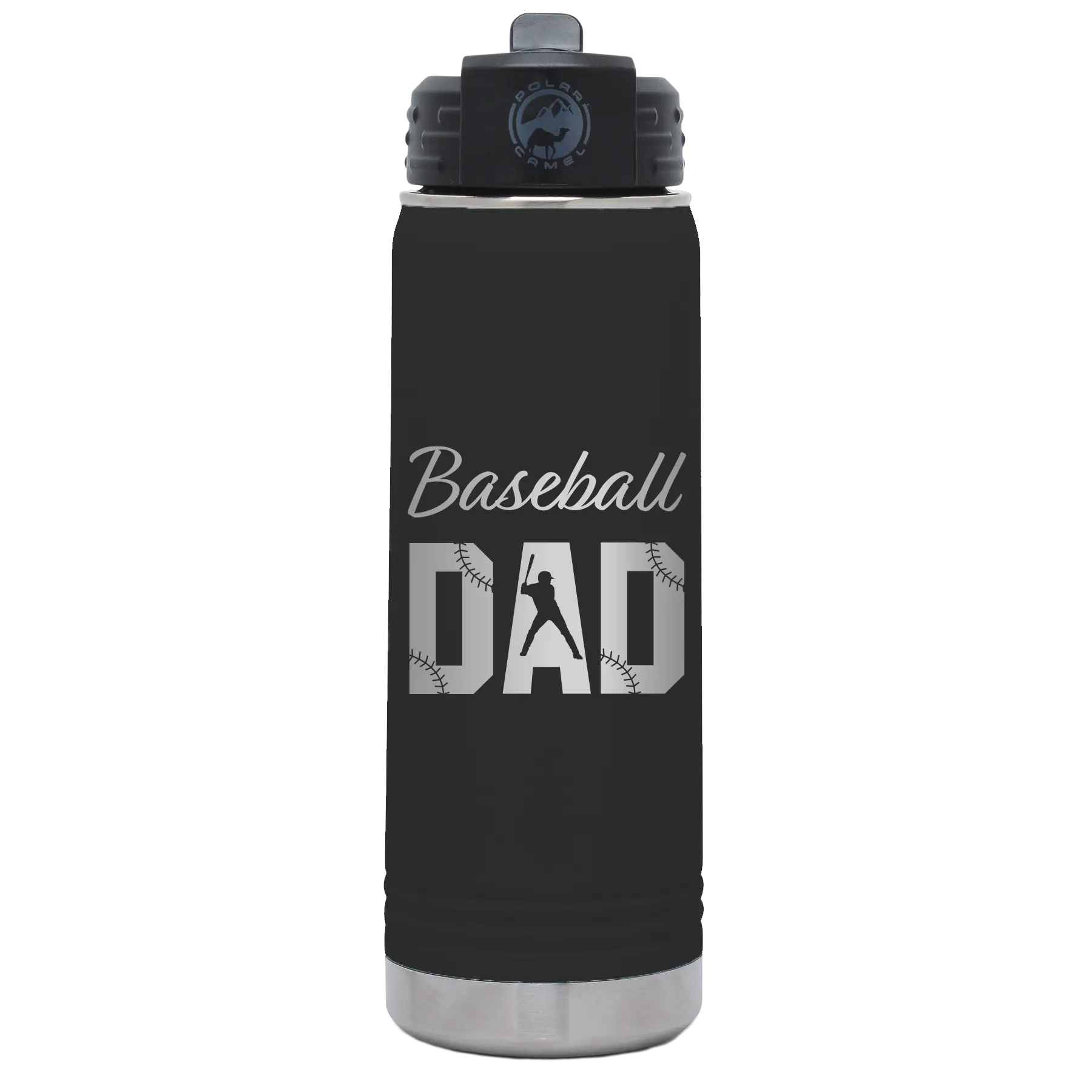 Laser etched black 20 oz vacuum insulated water bottle with 'Baseball Dad2' design