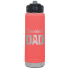 Laser etched coral 20 oz vacuum insulated water bottle with 'Baseball Dad2' design