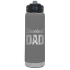 Laser etched dark gray 20 oz vacuum insulated water bottle with 'Baseball Dad2' design
