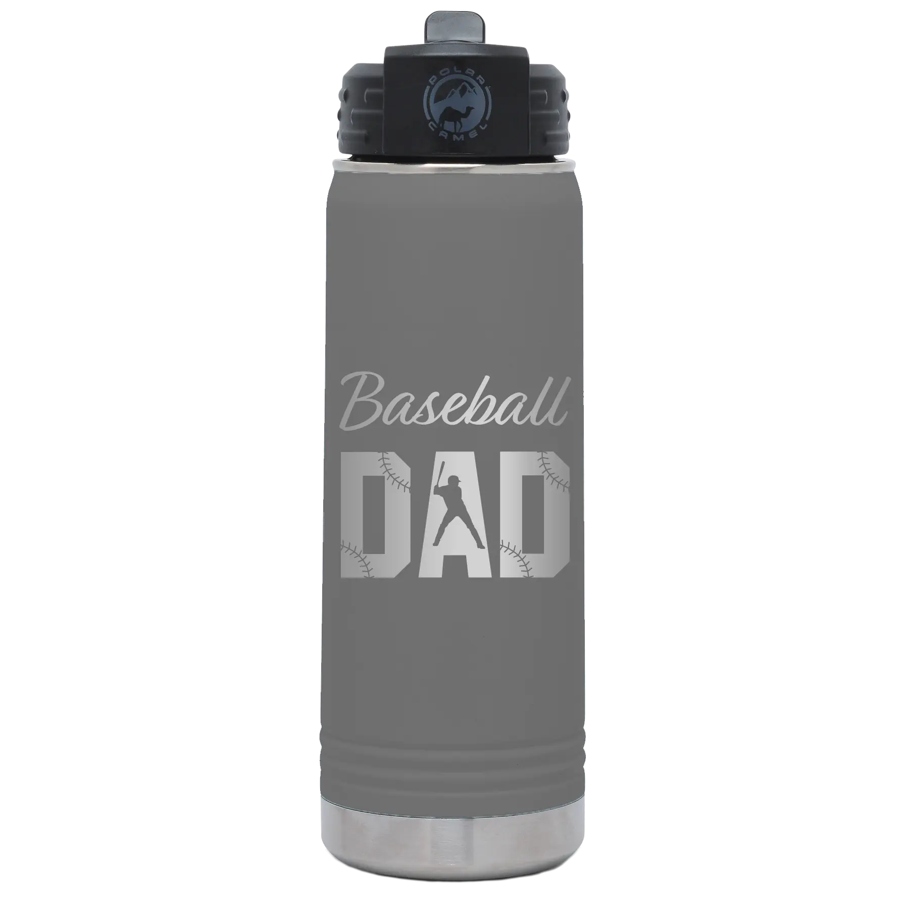 Laser etched dark gray 20 oz vacuum insulated water bottle with 'Baseball Dad2' design