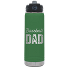 Laser etched green 20 oz vacuum insulated water bottle with 'Baseball Dad2' design