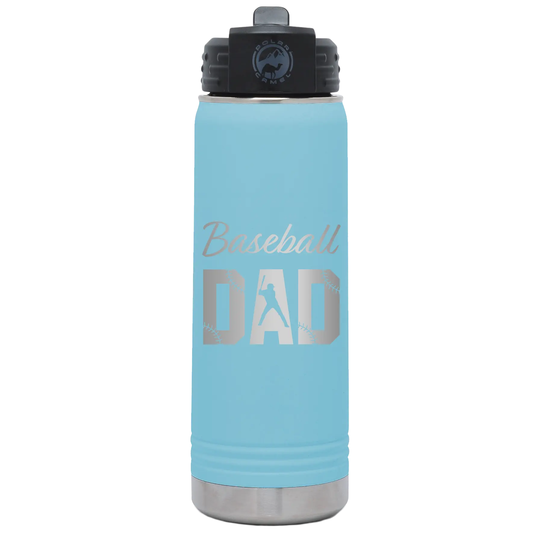 Laser etched light blue 20 oz vacuum insulated water bottle with 'Baseball Dad2' design