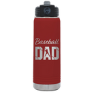 Laser etched maroon 20 oz vacuum insulated water bottle with 'Baseball Dad2' design
