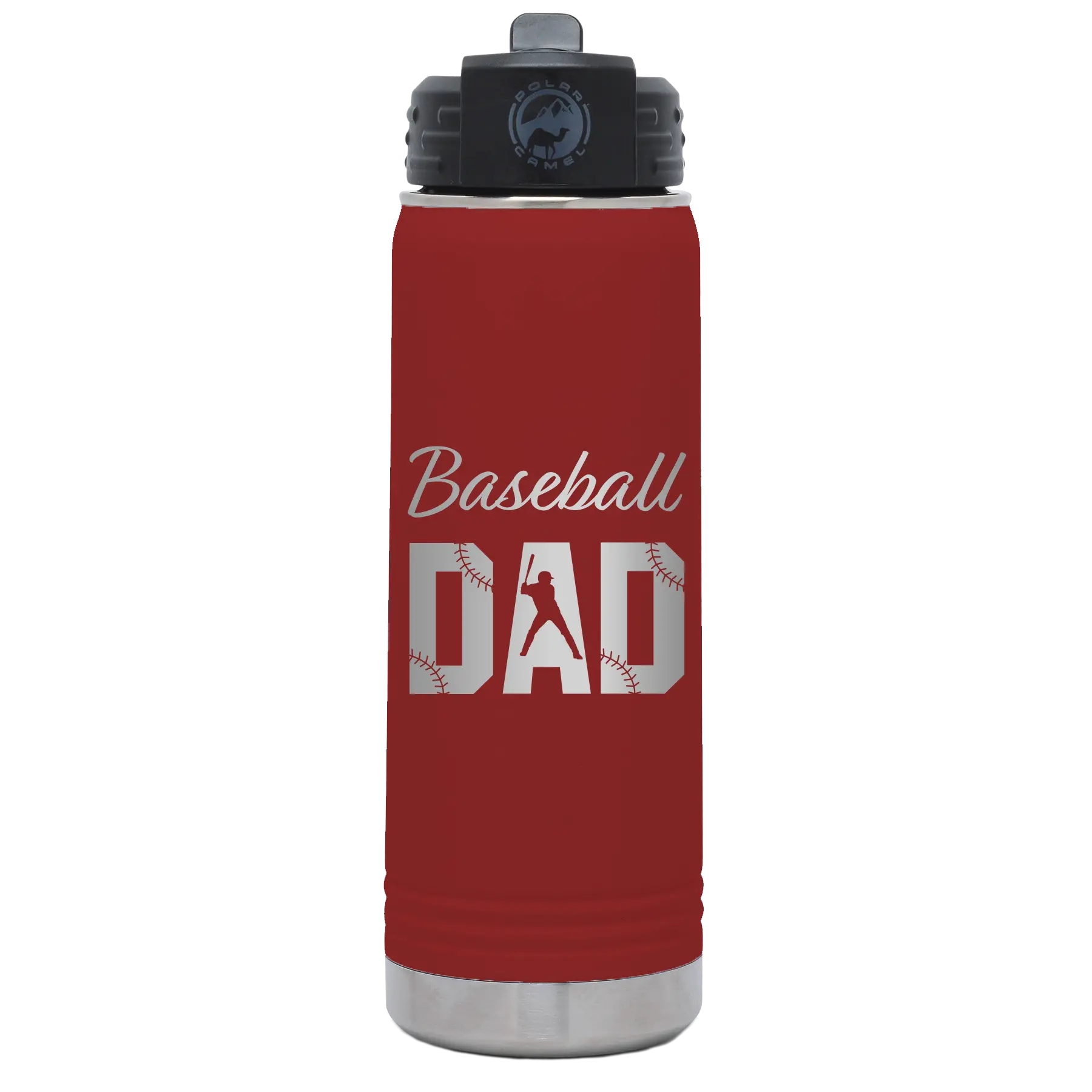 Laser etched maroon 20 oz vacuum insulated water bottle with 'Baseball Dad2' design