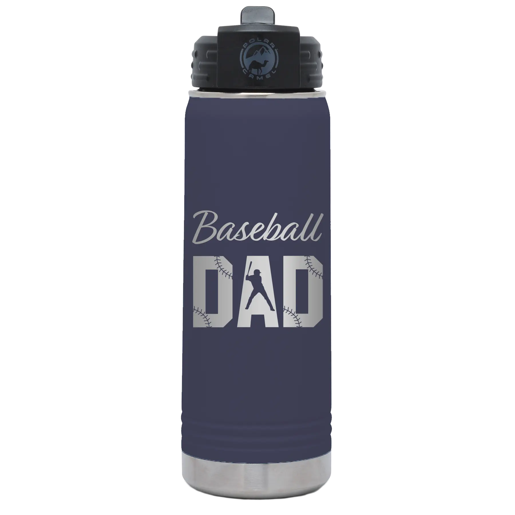 Laser etched navy 20 oz vacuum insulated water bottle with 'Baseball Dad2' design